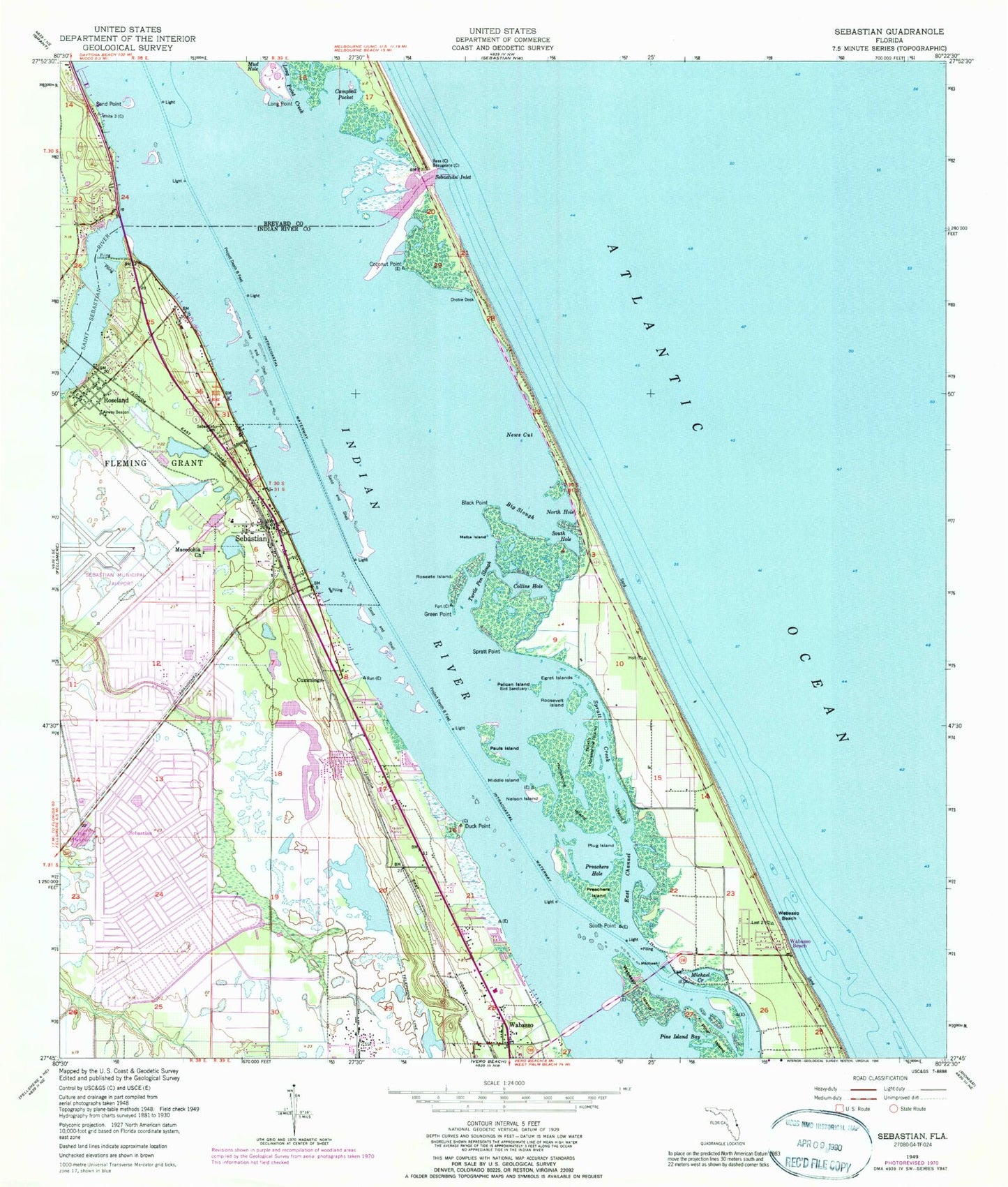 Classic USGS Sebastian Florida 7.5'x7.5' Topo Map Image