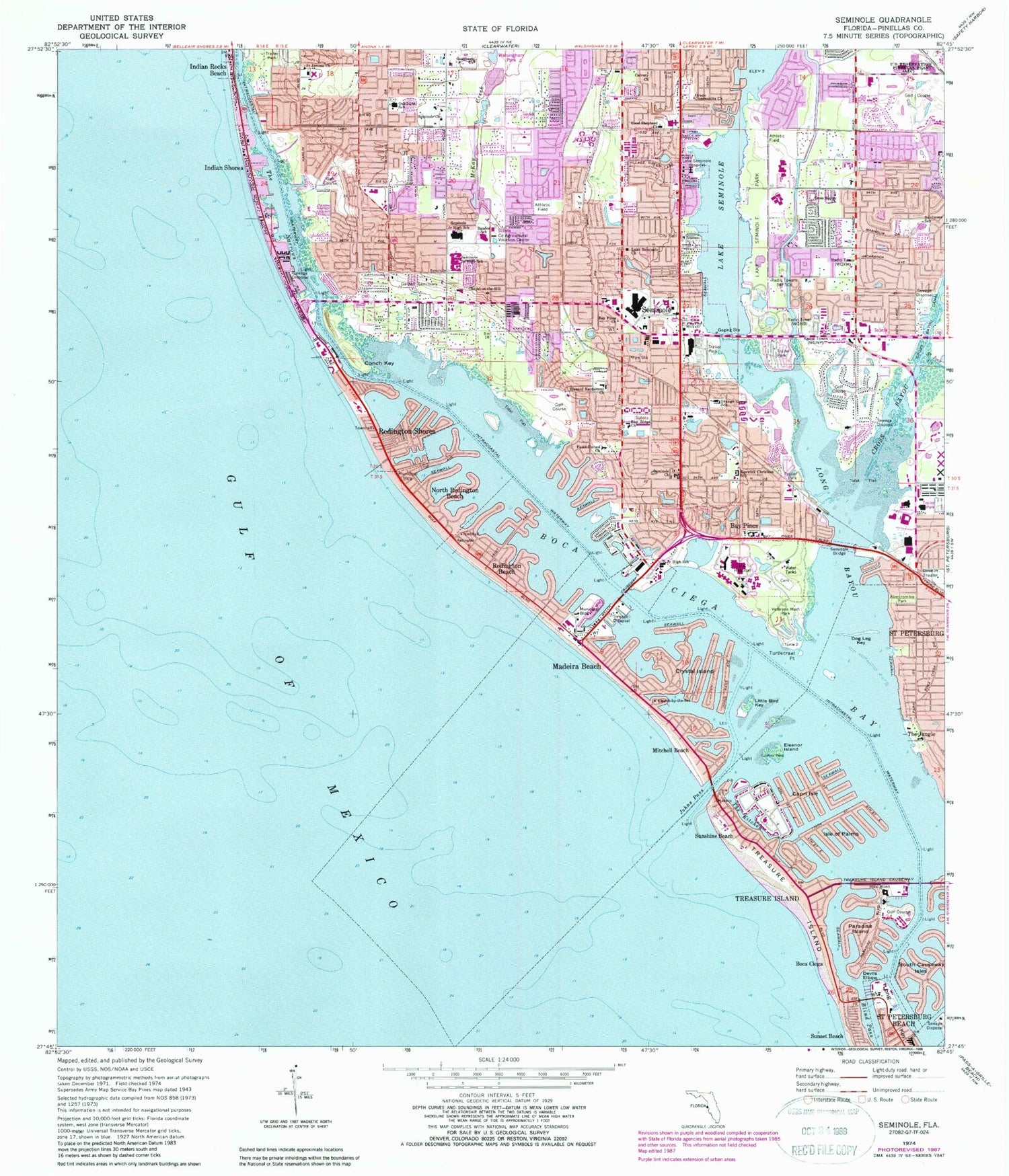 Classic USGS Seminole Florida 7.5'x7.5' Topo Map Image