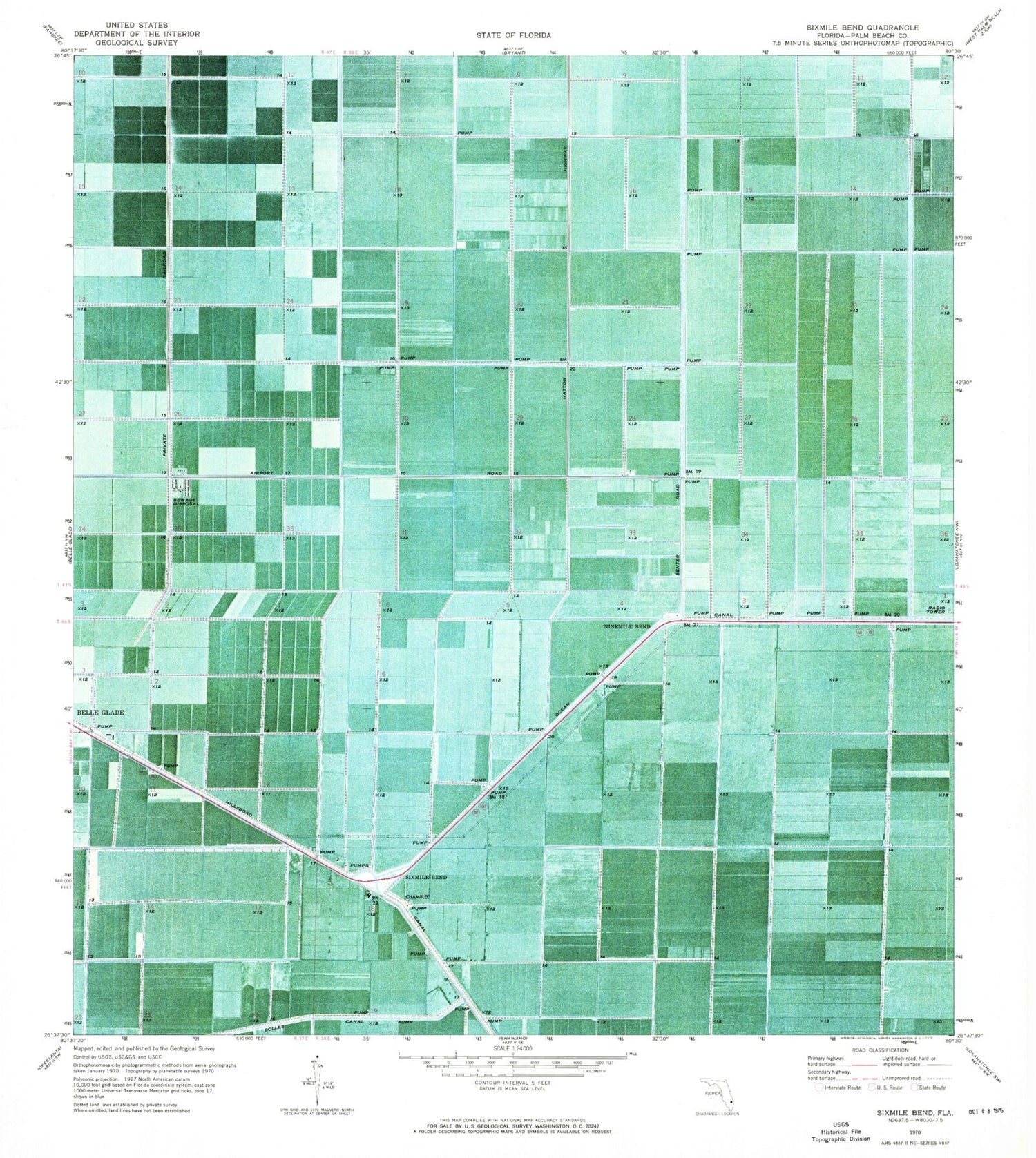 Classic USGS Sixmile Bend Florida 7.5'x7.5' Topo Map Image