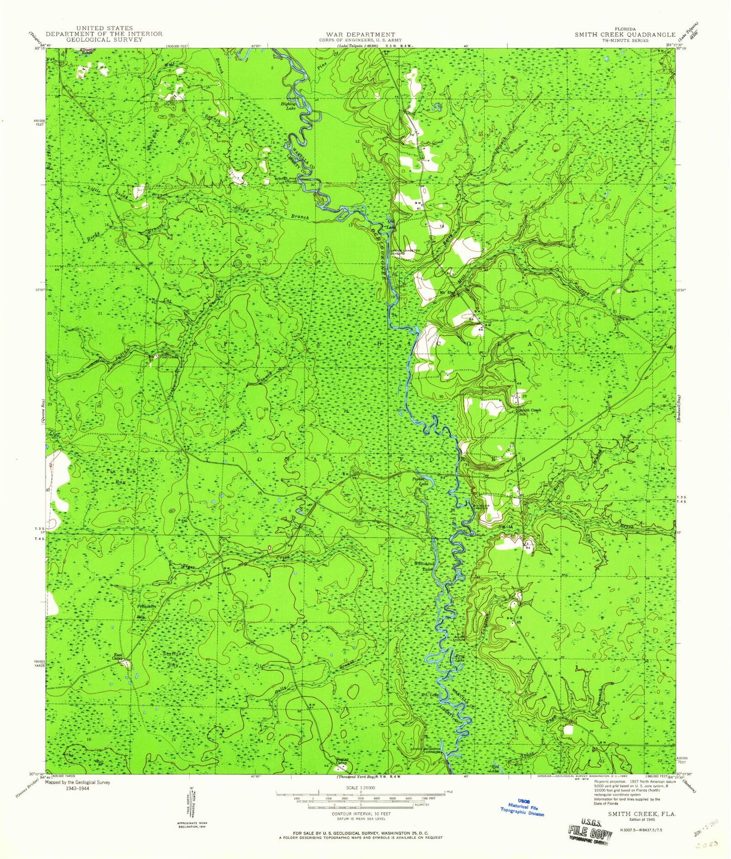 Classic USGS Smith Creek Florida 7.5'x7.5' Topo Map Image