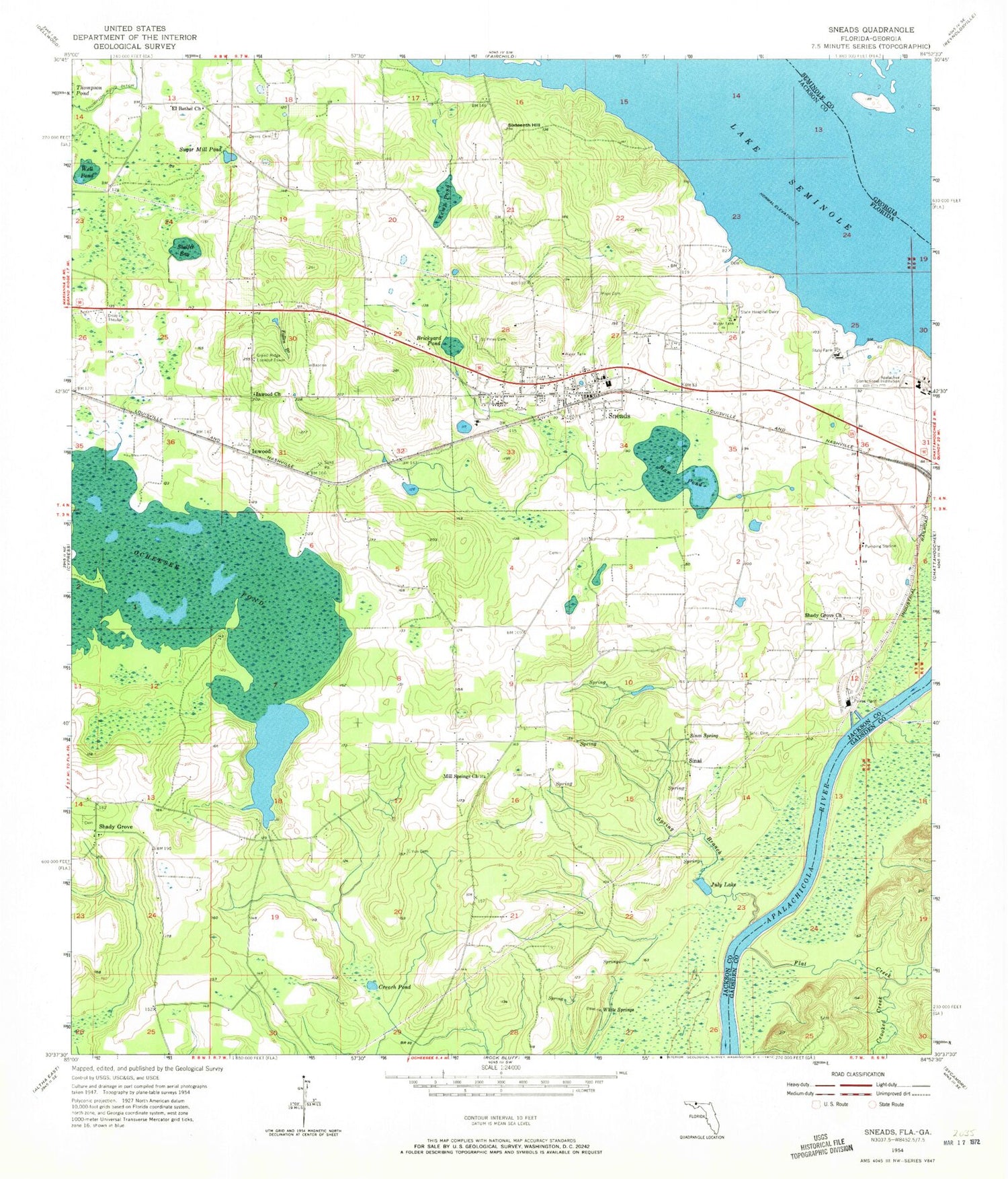 Classic USGS Sneads Florida 7.5'x7.5' Topo Map Image