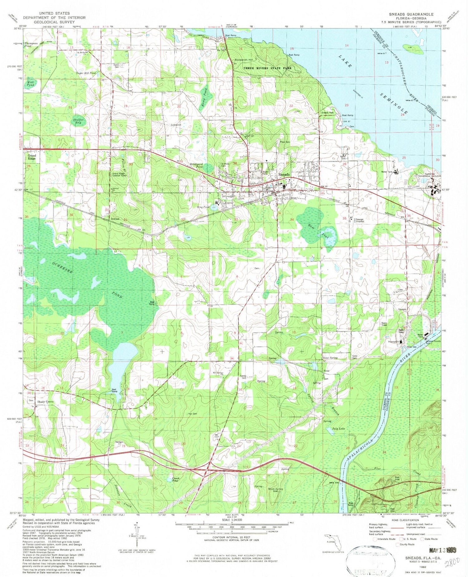 Classic USGS Sneads Florida 7.5'x7.5' Topo Map Image