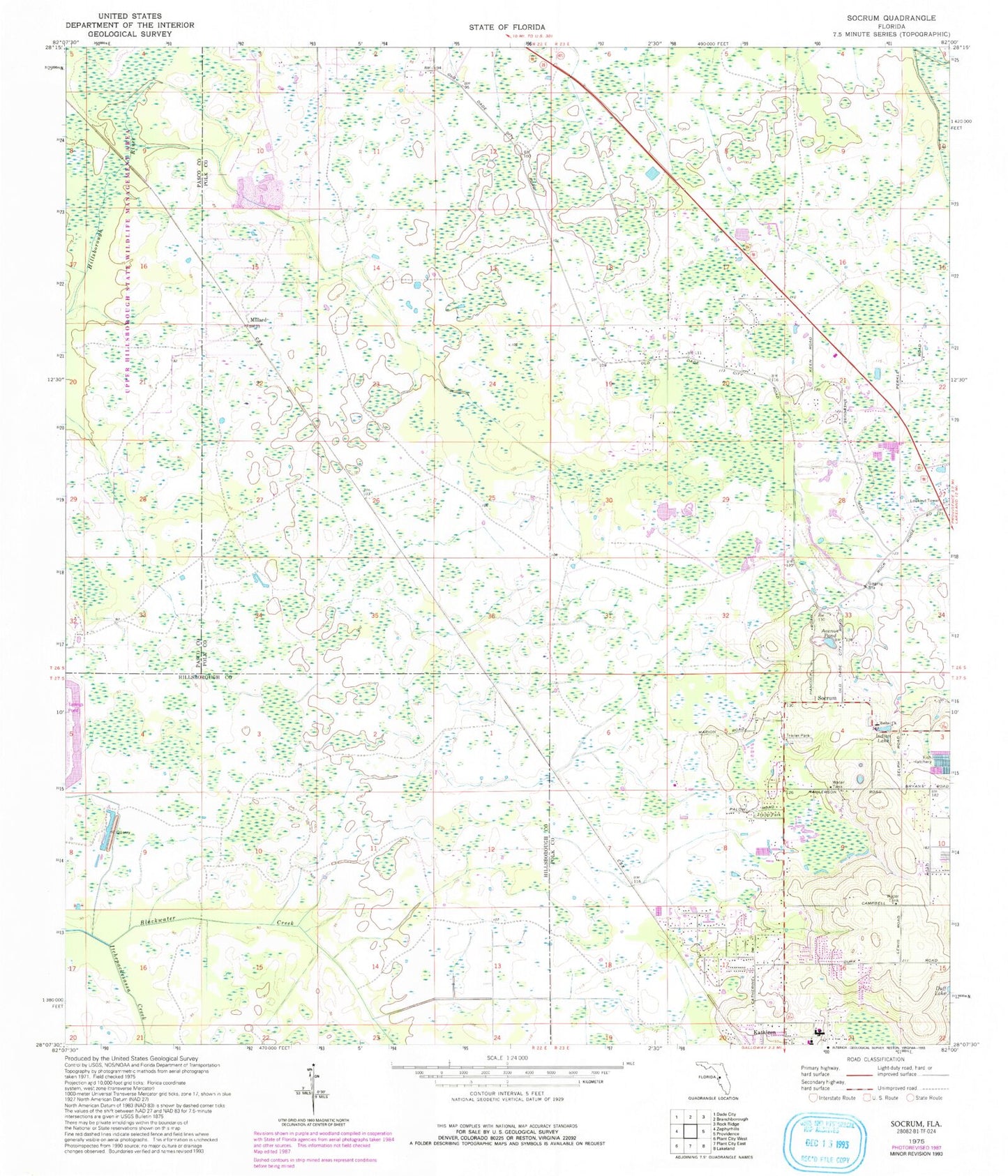 Classic USGS Socrum Florida 7.5'x7.5' Topo Map Image