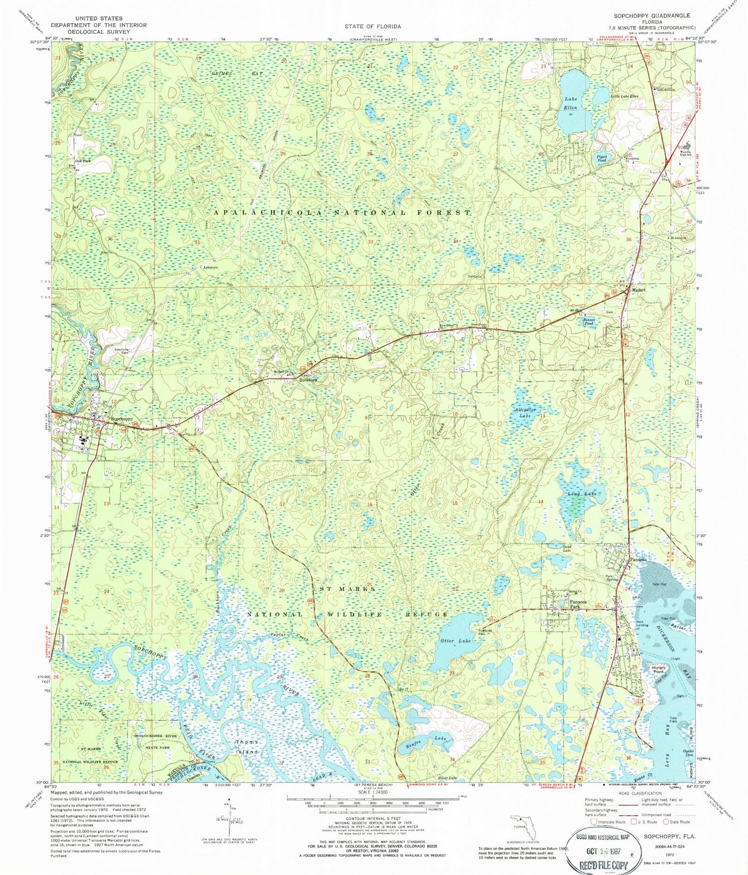 Classic USGS Sopchoppy Florida 7.5'x7.5' Topo Map Image