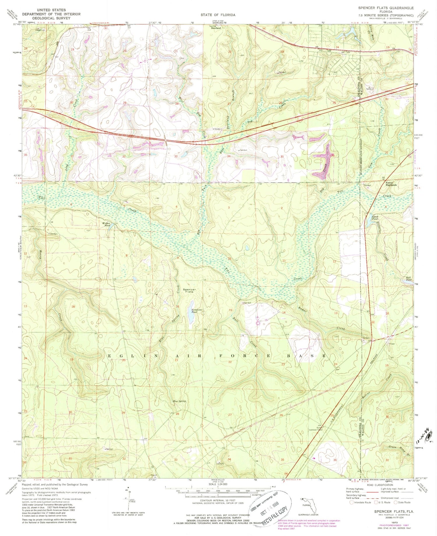 Classic USGS Spencer Flats Florida 7.5'x7.5' Topo Map Image