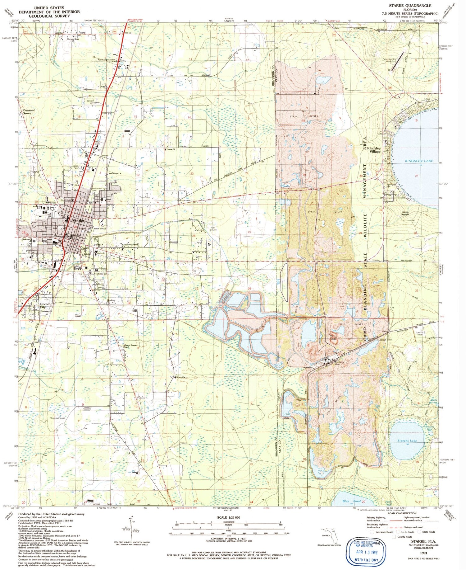 Classic USGS Starke Florida 7.5'x7.5' Topo Map Image