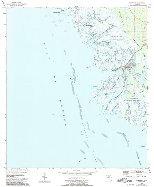 Classic USGS Suwannee Florida 7.5'x7.5' Topo Map Image