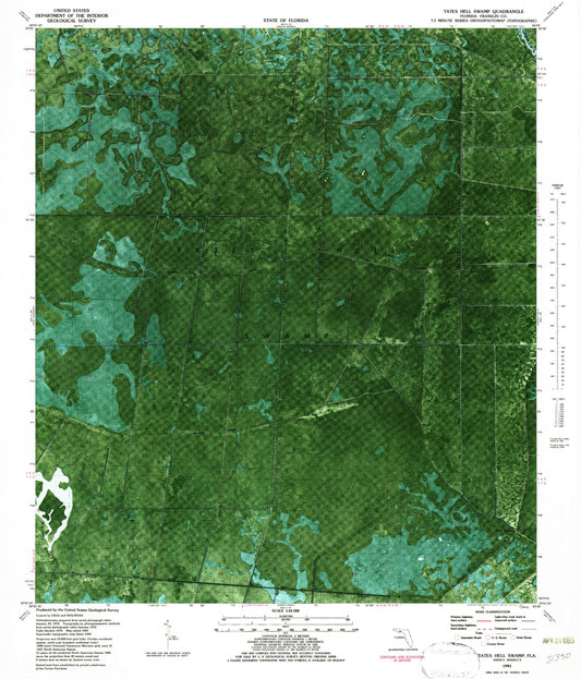 Classic USGS Tates Hell Swamp Florida 7.5'x7.5' Topo Map Image