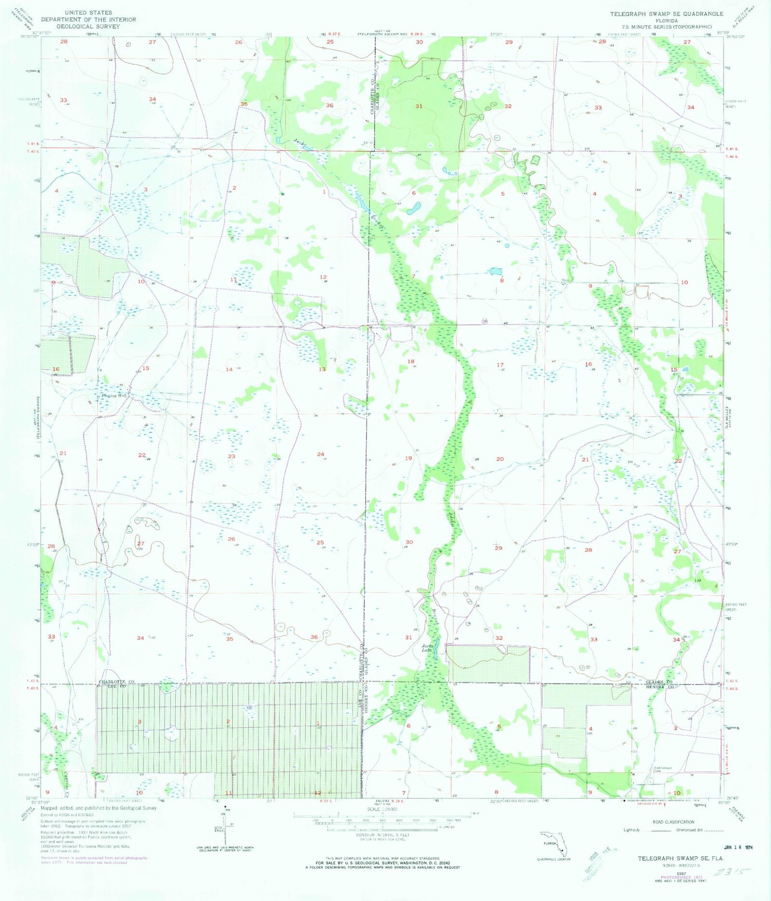 Classic USGS Telegraph Swamp SE Florida 7.5'x7.5' Topo Map Image