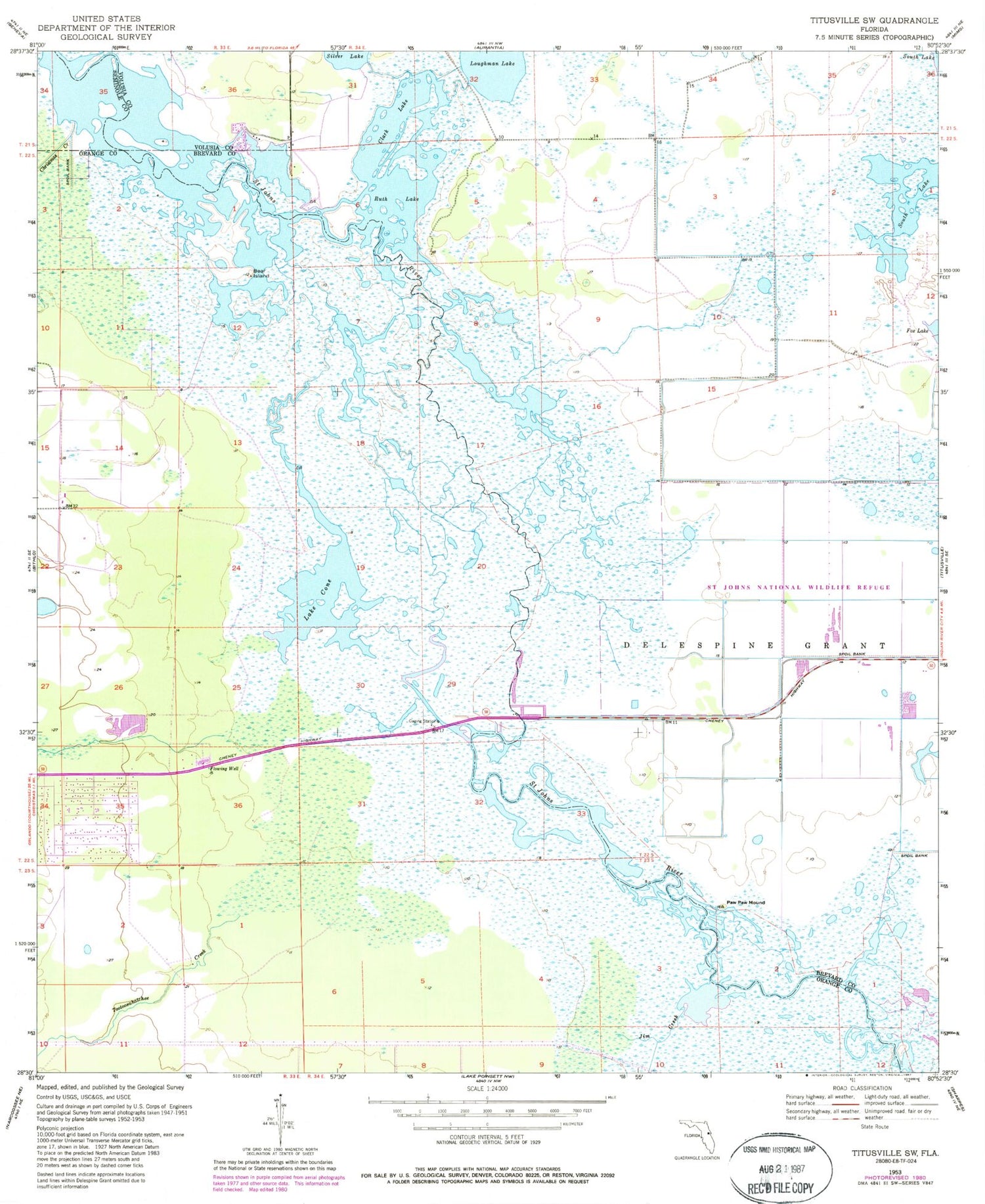 Classic USGS Titusville SW Florida 7.5'x7.5' Topo Map Image