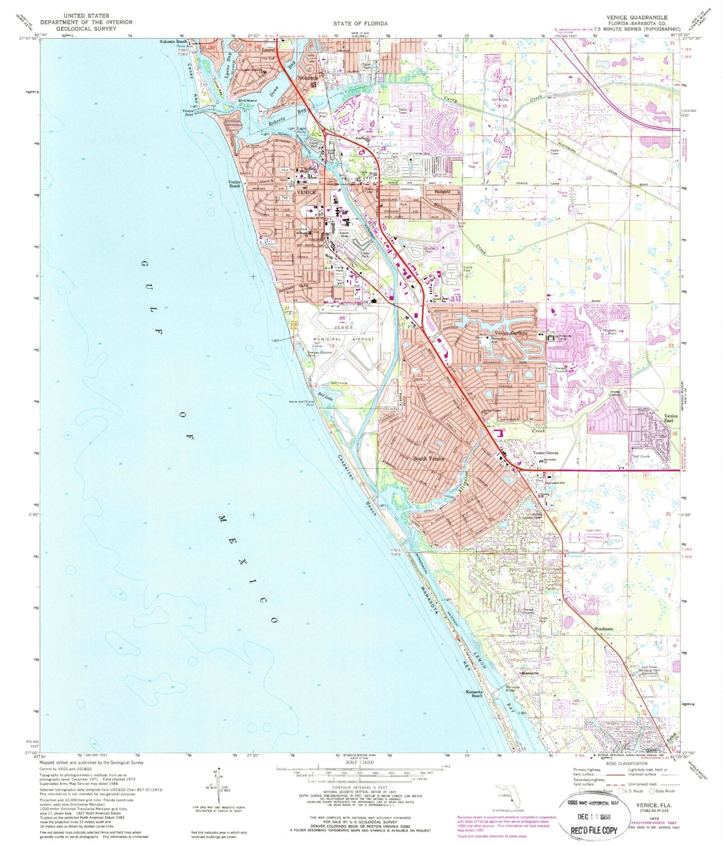 Classic USGS Venice Florida 7.5'x7.5' Topo Map Image