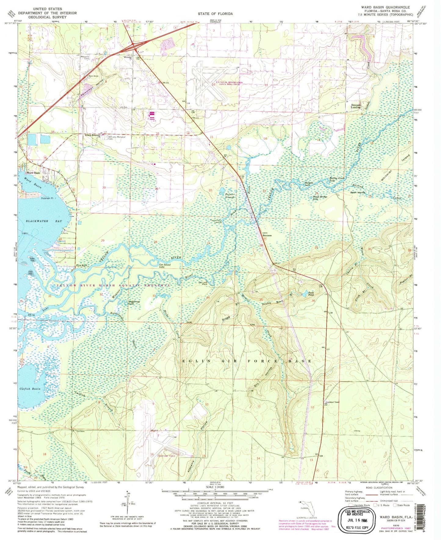 Classic USGS Ward Basin Florida 7.5'x7.5' Topo Map Image