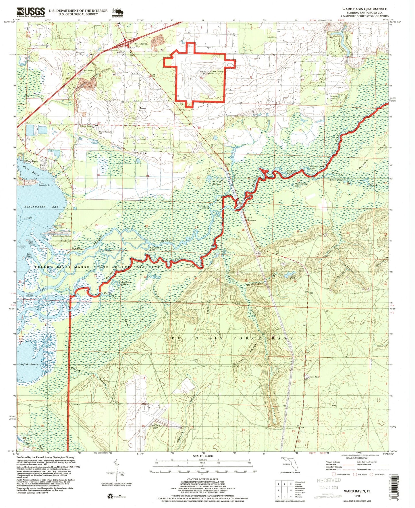 Classic USGS Ward Basin Florida 7.5'x7.5' Topo Map Image