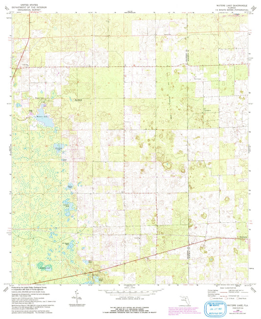 Classic USGS Waters Lake Florida 7.5'x7.5' Topo Map Image