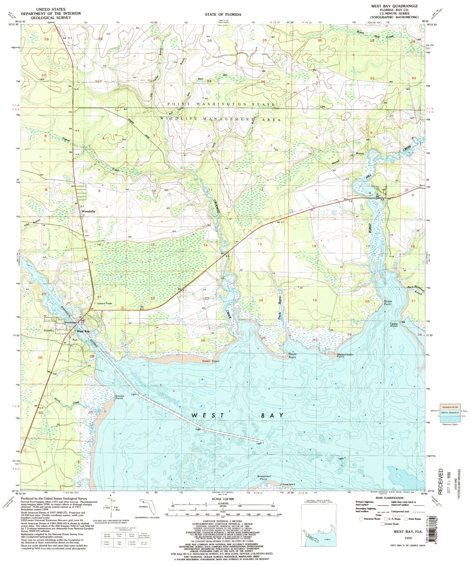 Classic USGS West Bay Florida 7.5'x7.5' Topo Map Image