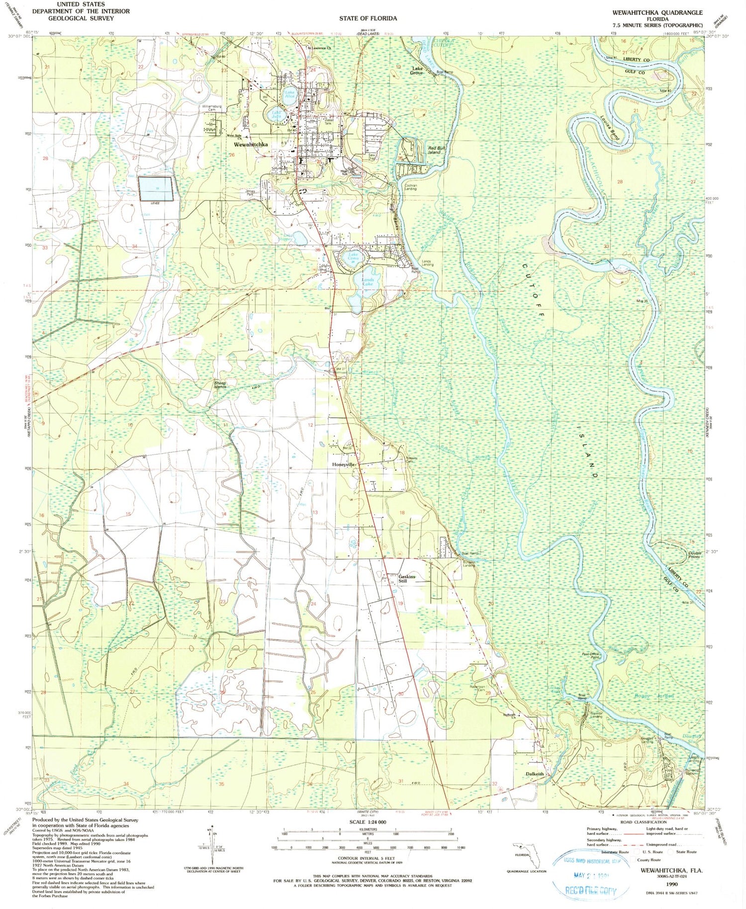 Classic USGS Wewahitchka Florida 7.5'x7.5' Topo Map Image