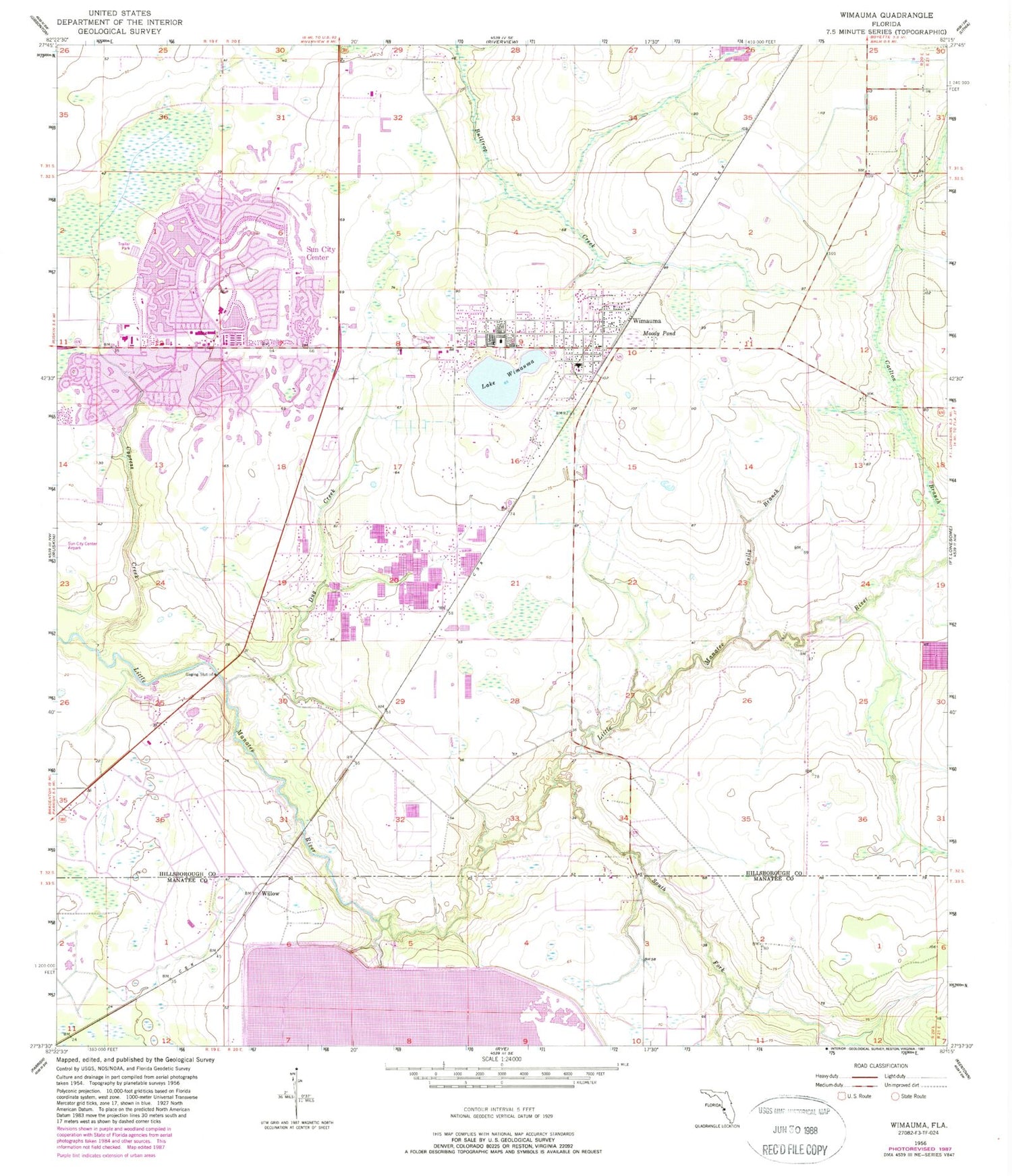 Classic USGS Wimauma Florida 7.5'x7.5' Topo Map Image