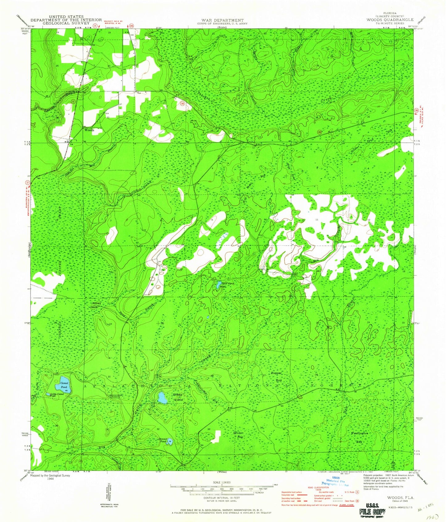 Classic USGS Woods Florida 7.5'x7.5' Topo Map Image
