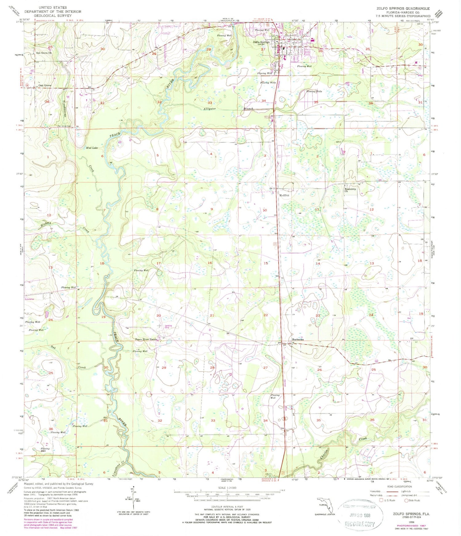 Classic USGS Zolfo Springs Florida 7.5'x7.5' Topo Map Image