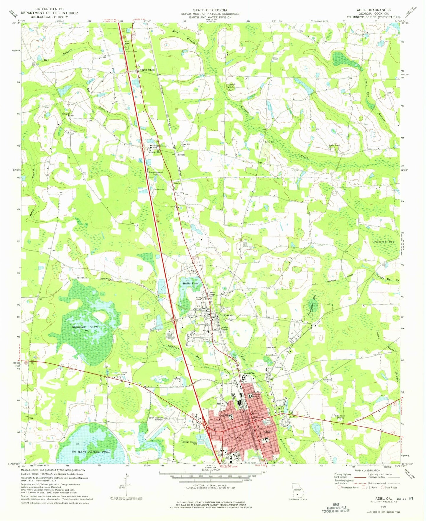 Classic USGS Adel Georgia 7.5'x7.5' Topo Map Image