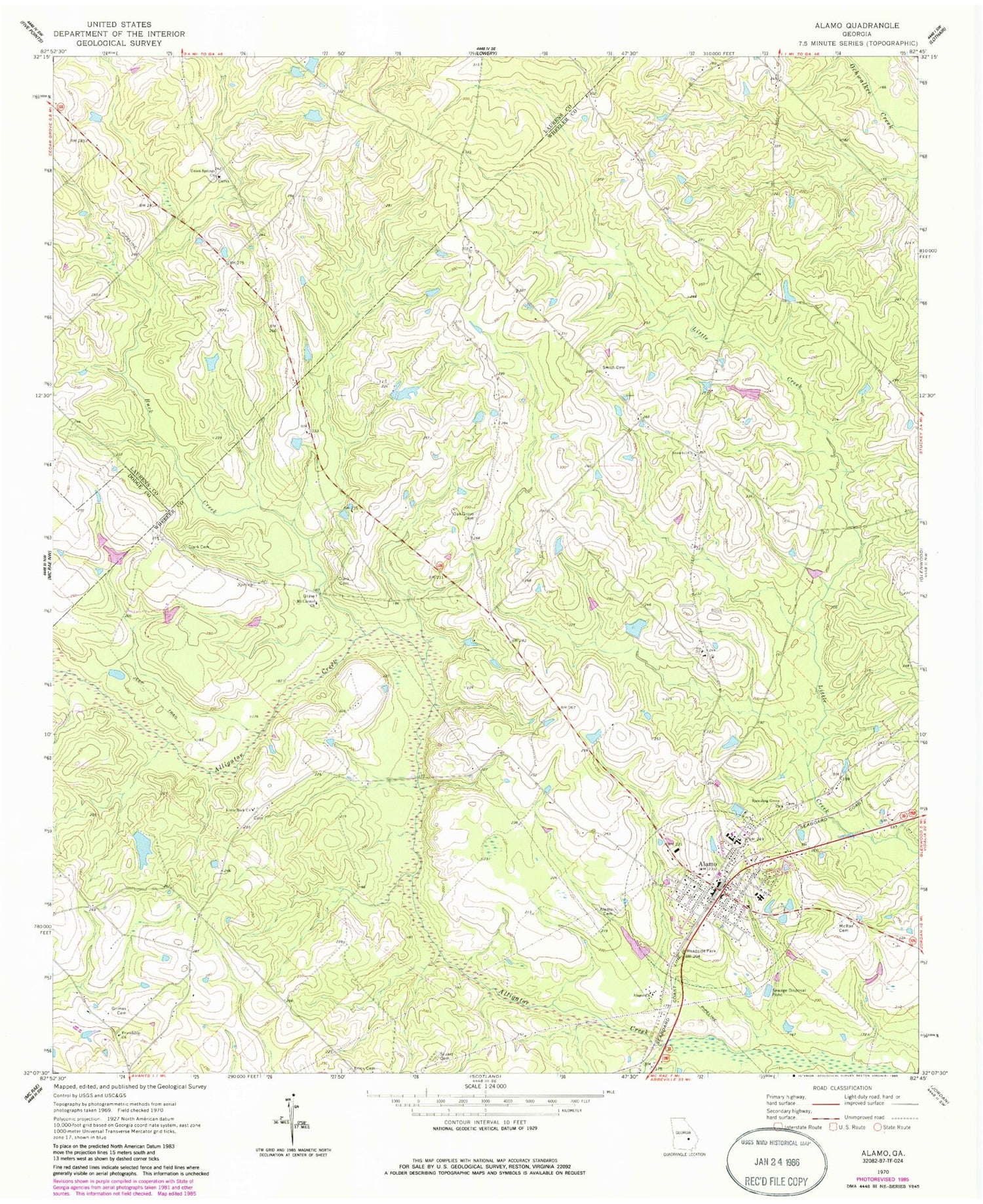 Classic USGS Alamo Georgia 7.5'x7.5' Topo Map Image