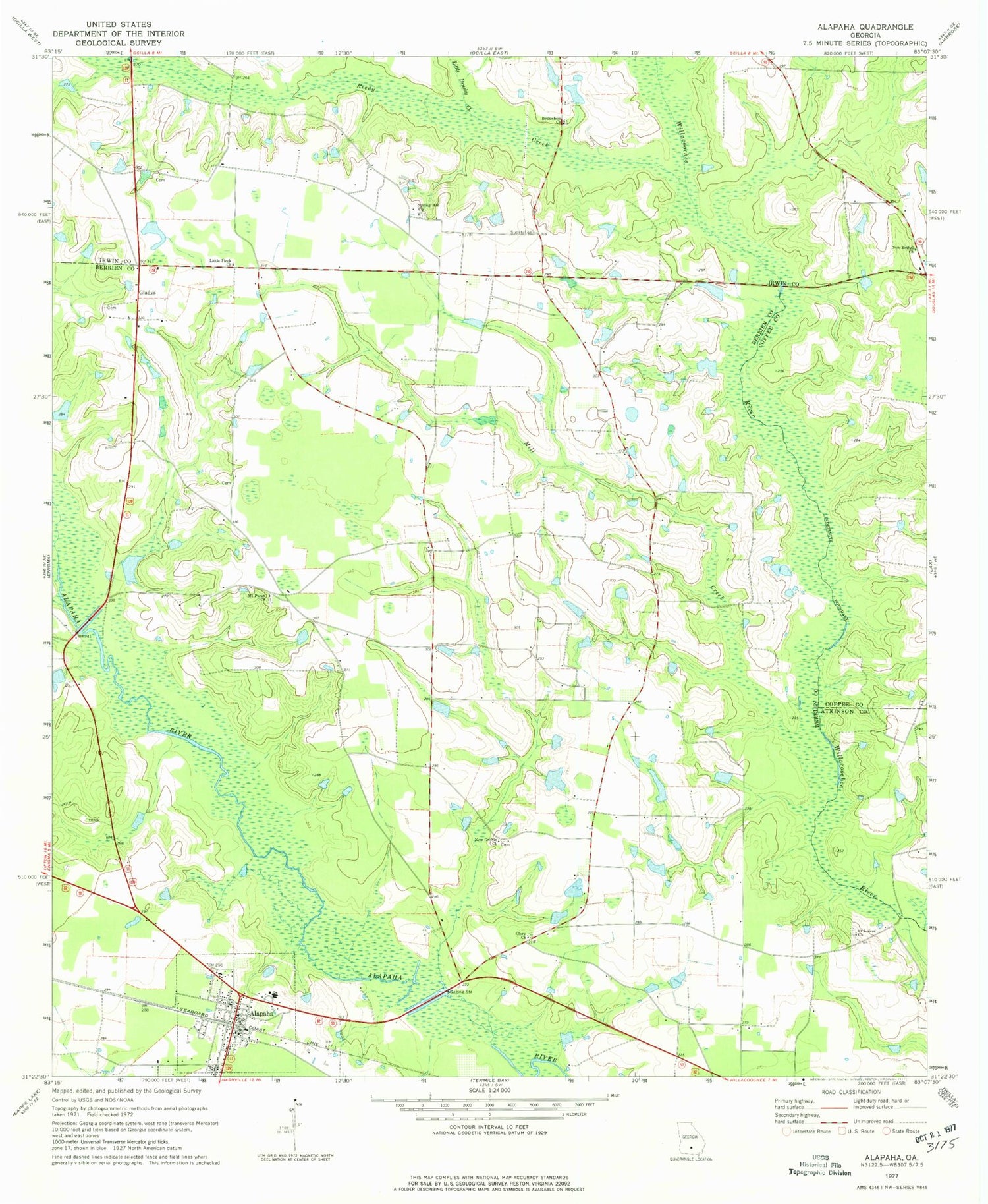 Classic USGS Alapaha Georgia 7.5'x7.5' Topo Map Image