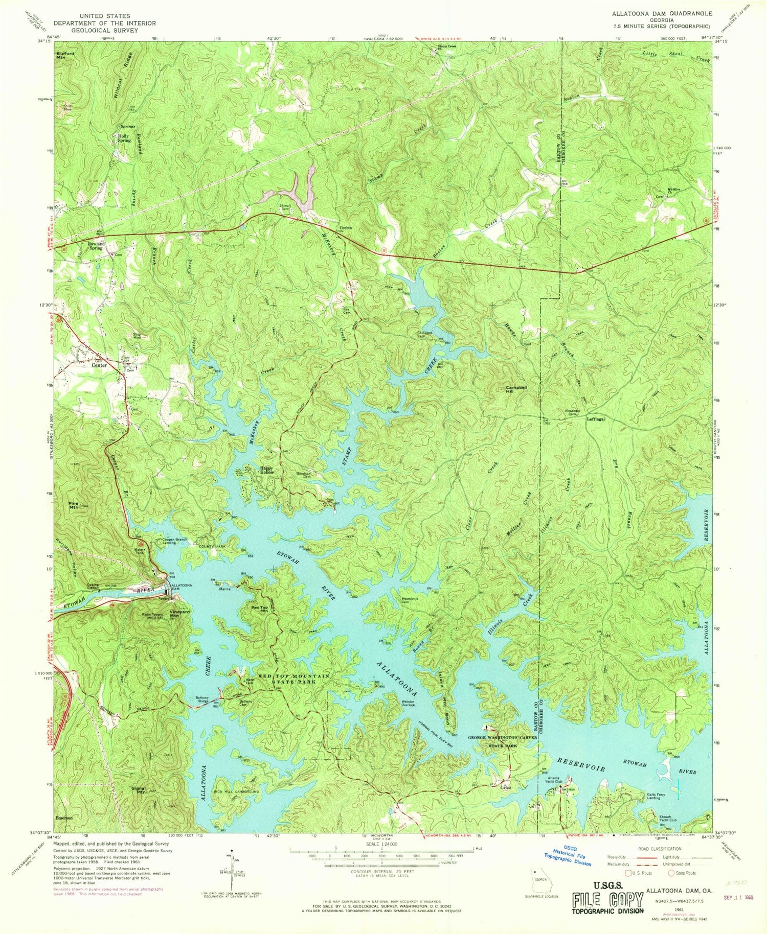 Classic USGS Allatoona Dam Georgia 7.5'x7.5' Topo Map Image