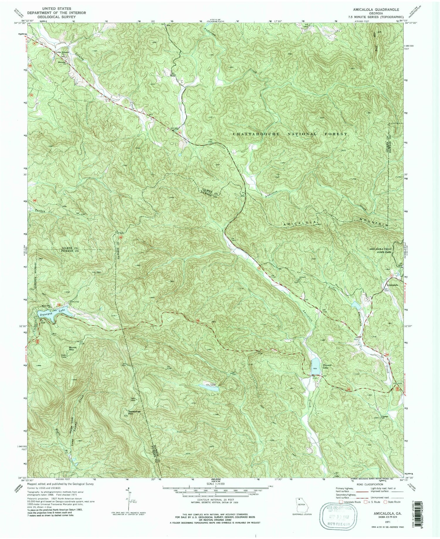 Classic USGS Amicalola Georgia 7.5'x7.5' Topo Map Image