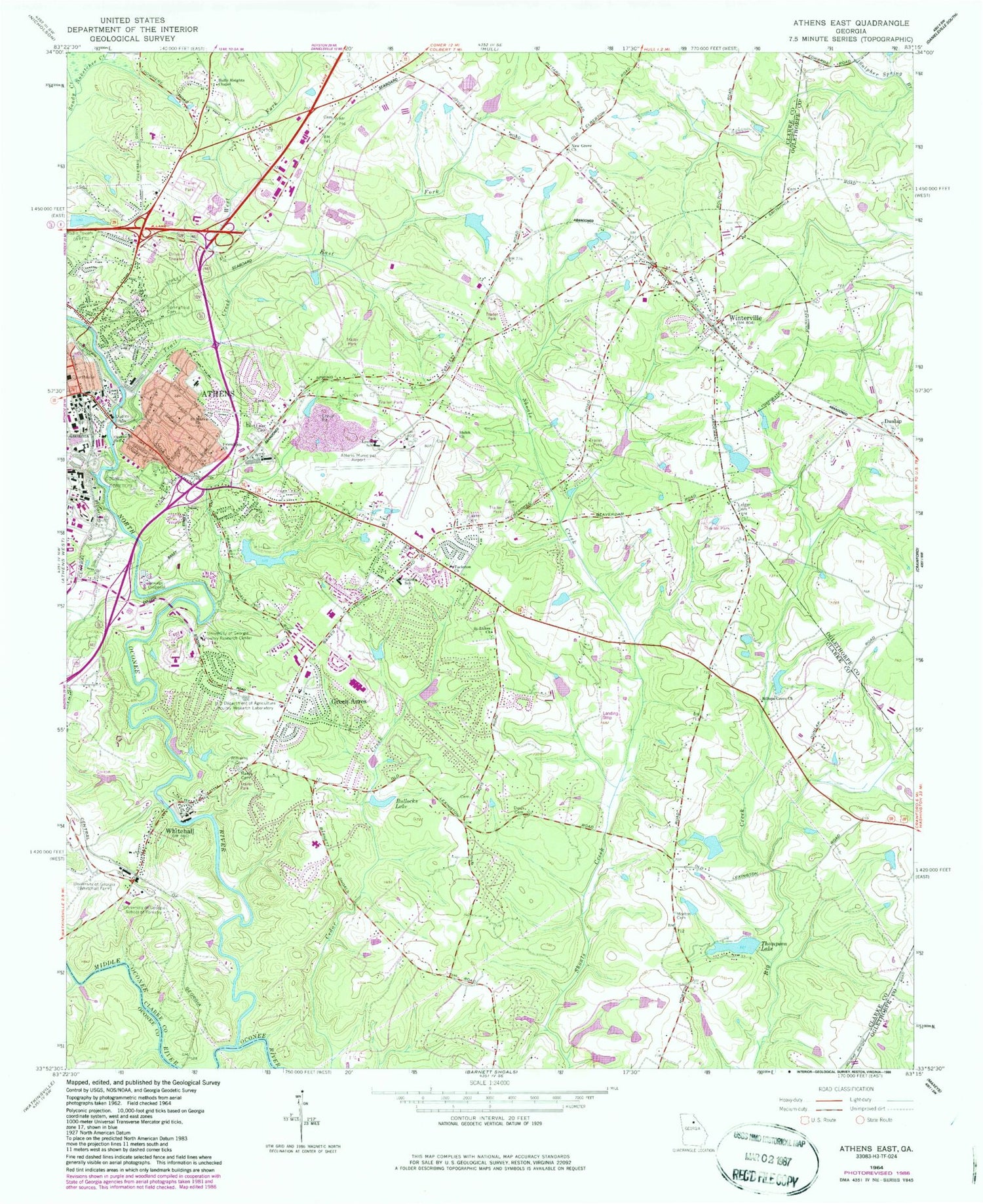 Classic USGS Athens East Georgia 7.5'x7.5' Topo Map Image