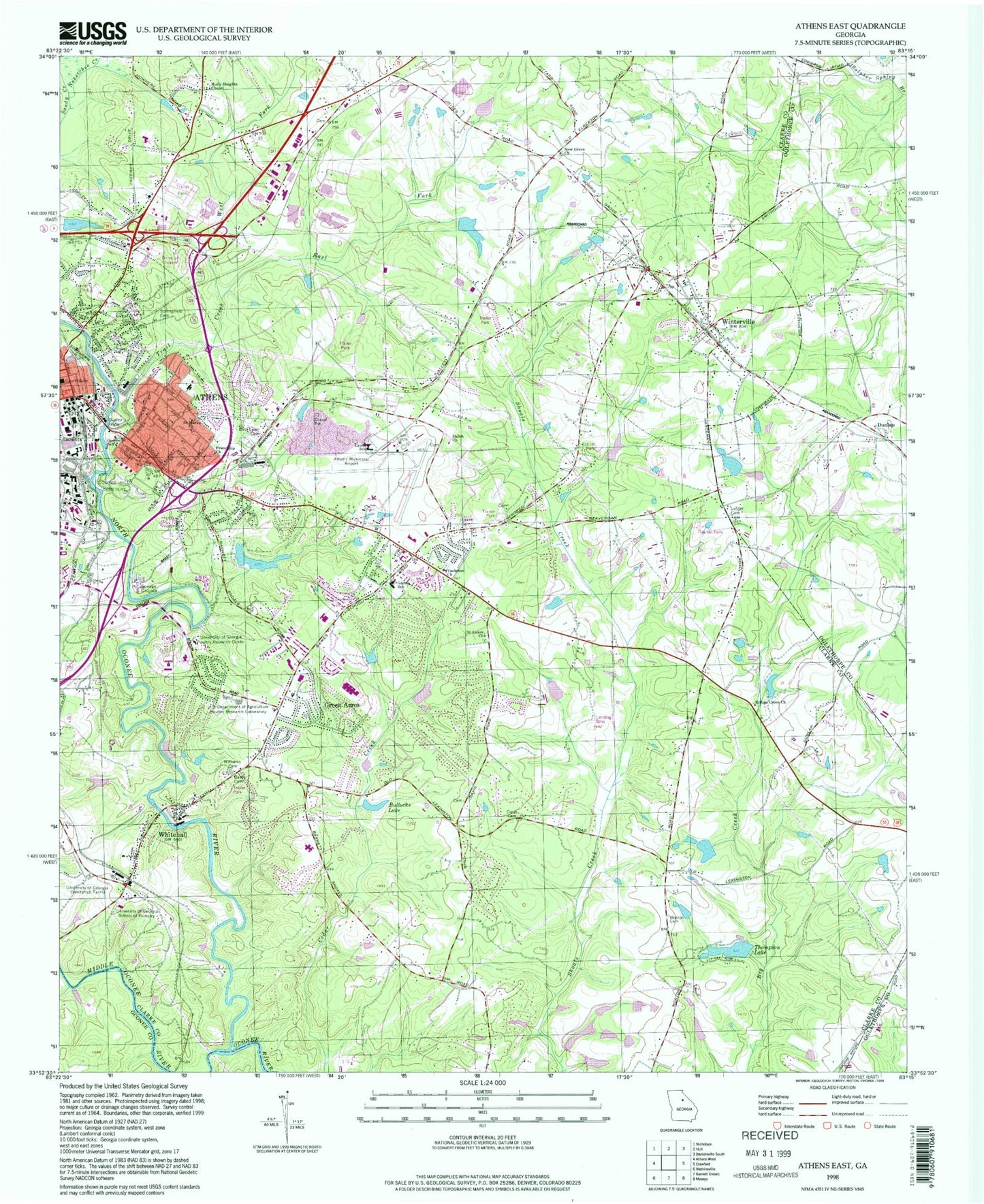 Classic USGS Athens East Georgia 7.5'x7.5' Topo Map Image