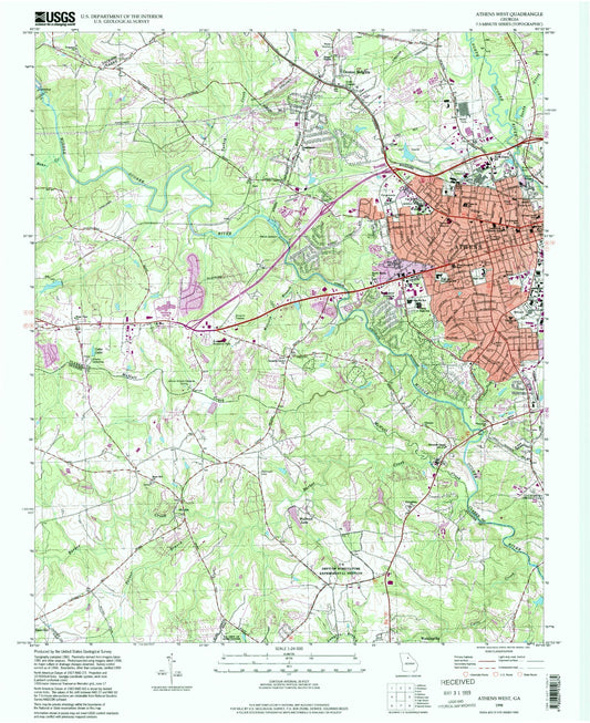 Classic USGS Athens West Georgia 7.5'x7.5' Topo Map Image