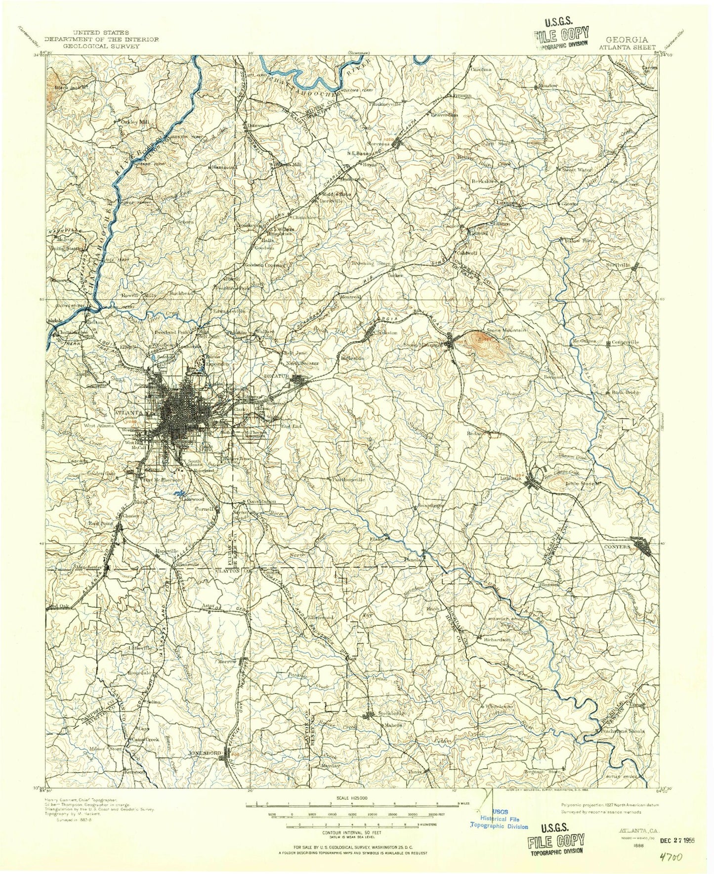 Historic 1888 Atlanta Georgia 30'x30' Topo Map Image