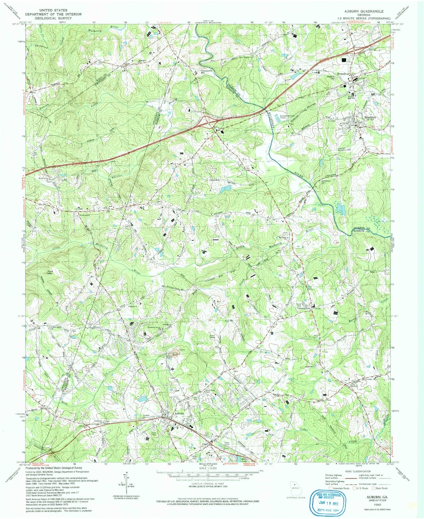 Classic USGS Auburn Georgia 7.5'x7.5' Topo Map Image