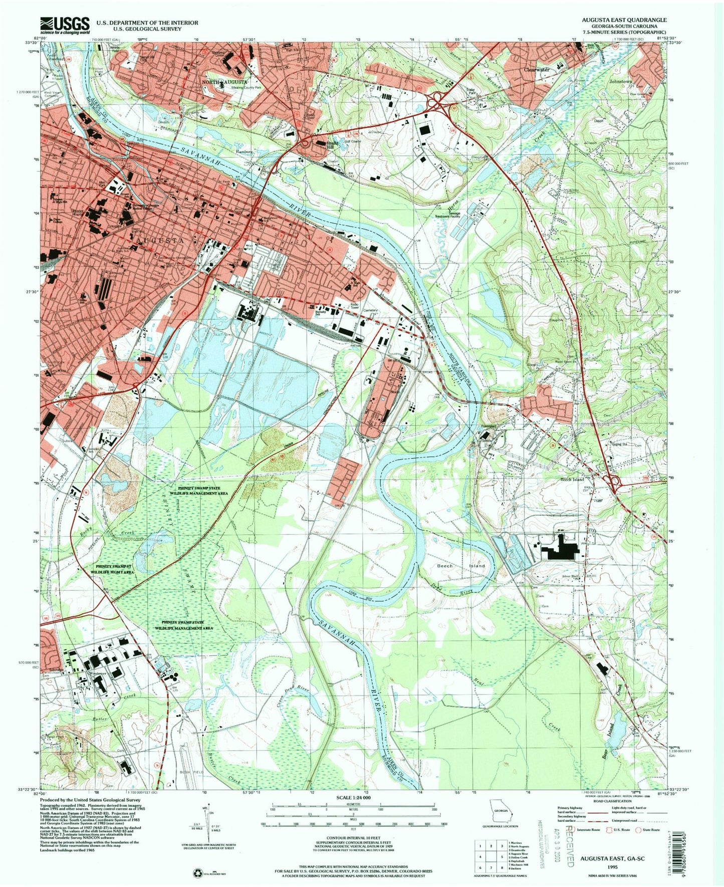 Classic USGS Augusta East Georgia 7.5'x7.5' Topo Map Image