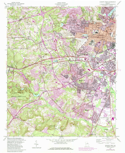 Classic USGS Augusta West Georgia 7.5'x7.5' Topo Map Image