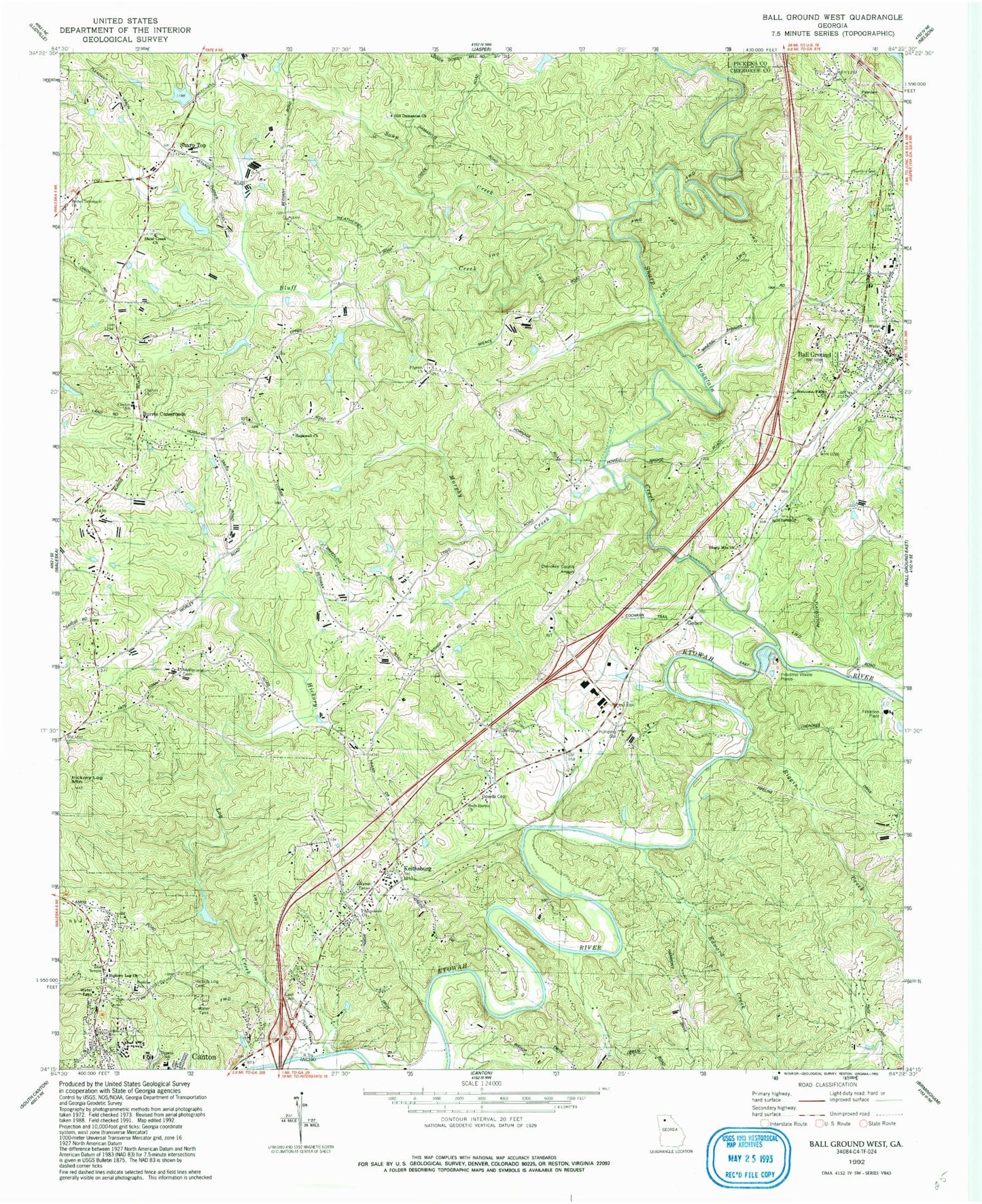 Classic USGS Ball Ground West Georgia 7.5'x7.5' Topo Map Image