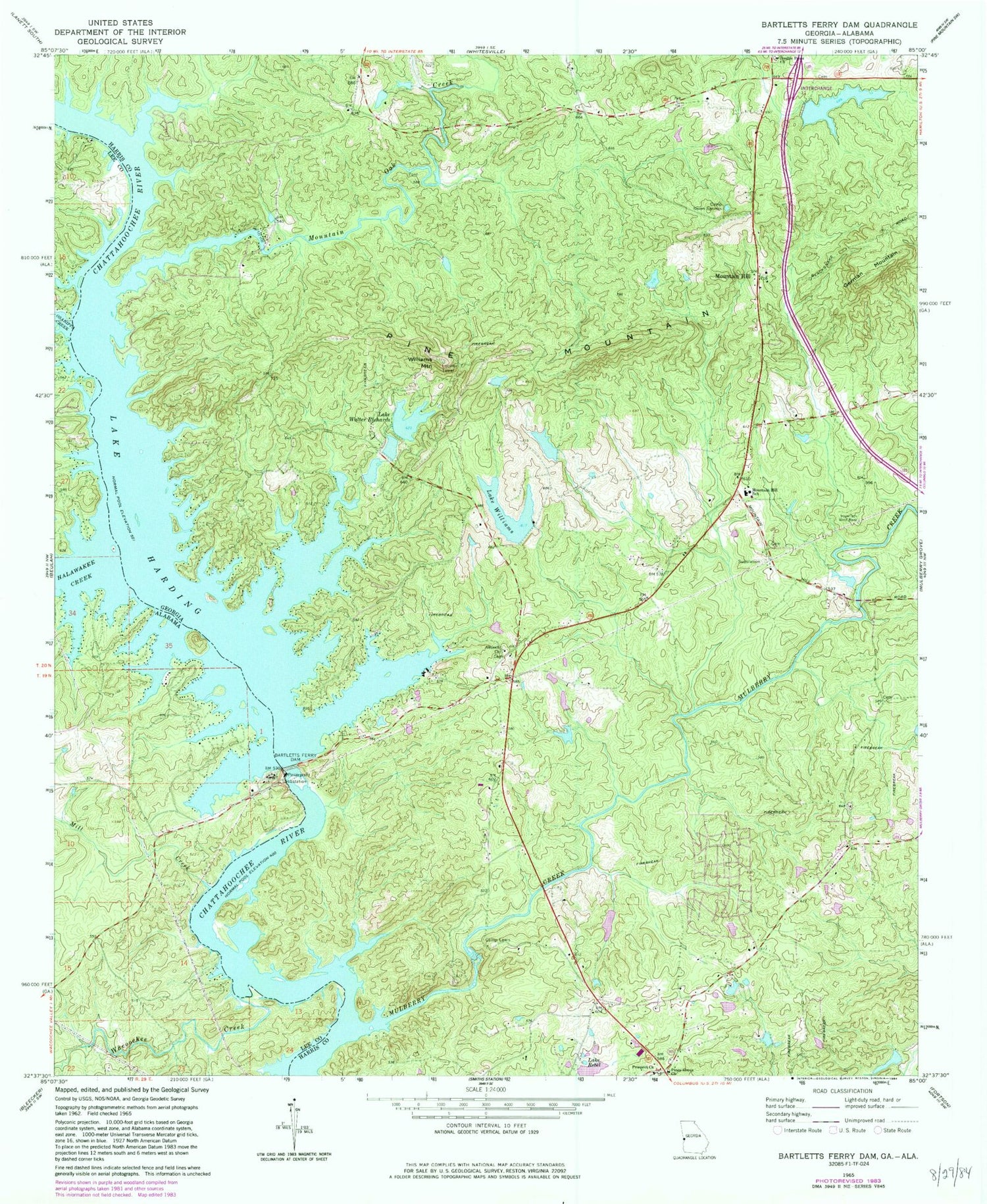Classic USGS Bartletts Ferry Dam Georgia 7.5'x7.5' Topo Map Image