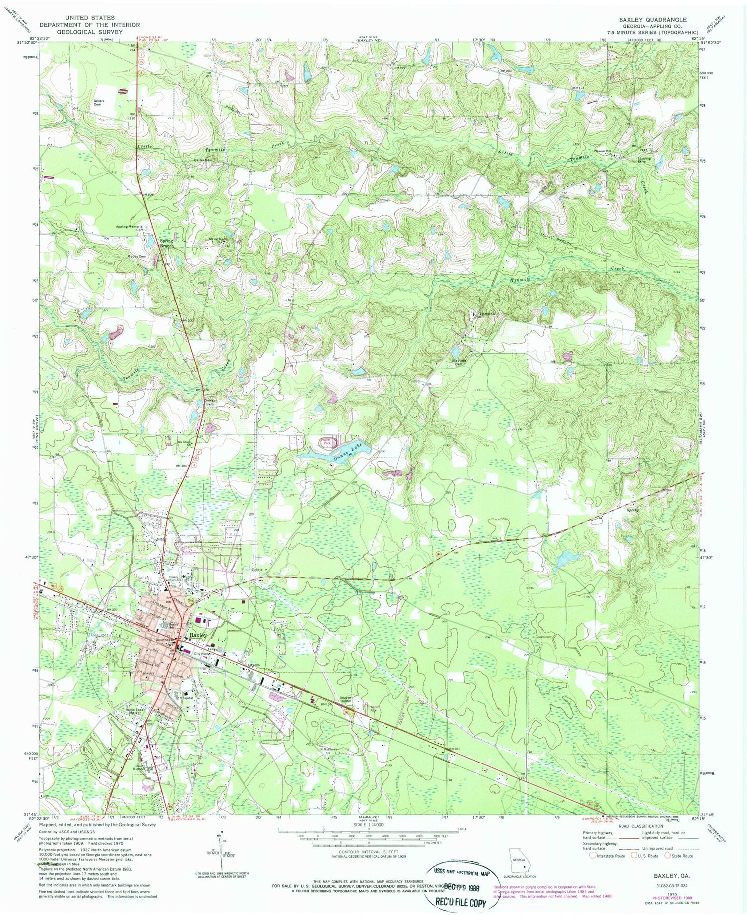 Classic USGS Baxley Georgia 7.5'x7.5' Topo Map Image