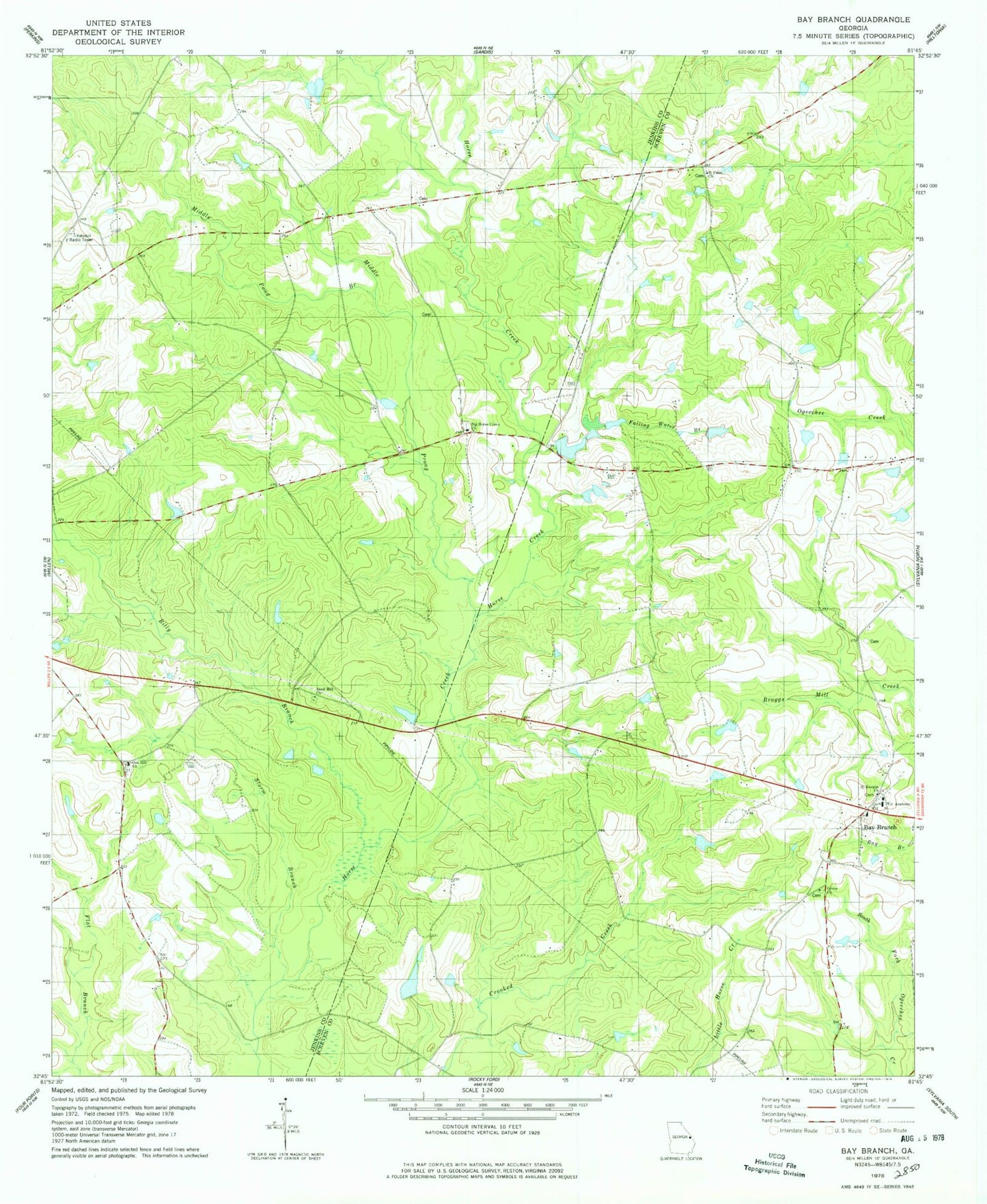 Classic USGS Bay Branch Georgia 7.5'x7.5' Topo Map Image