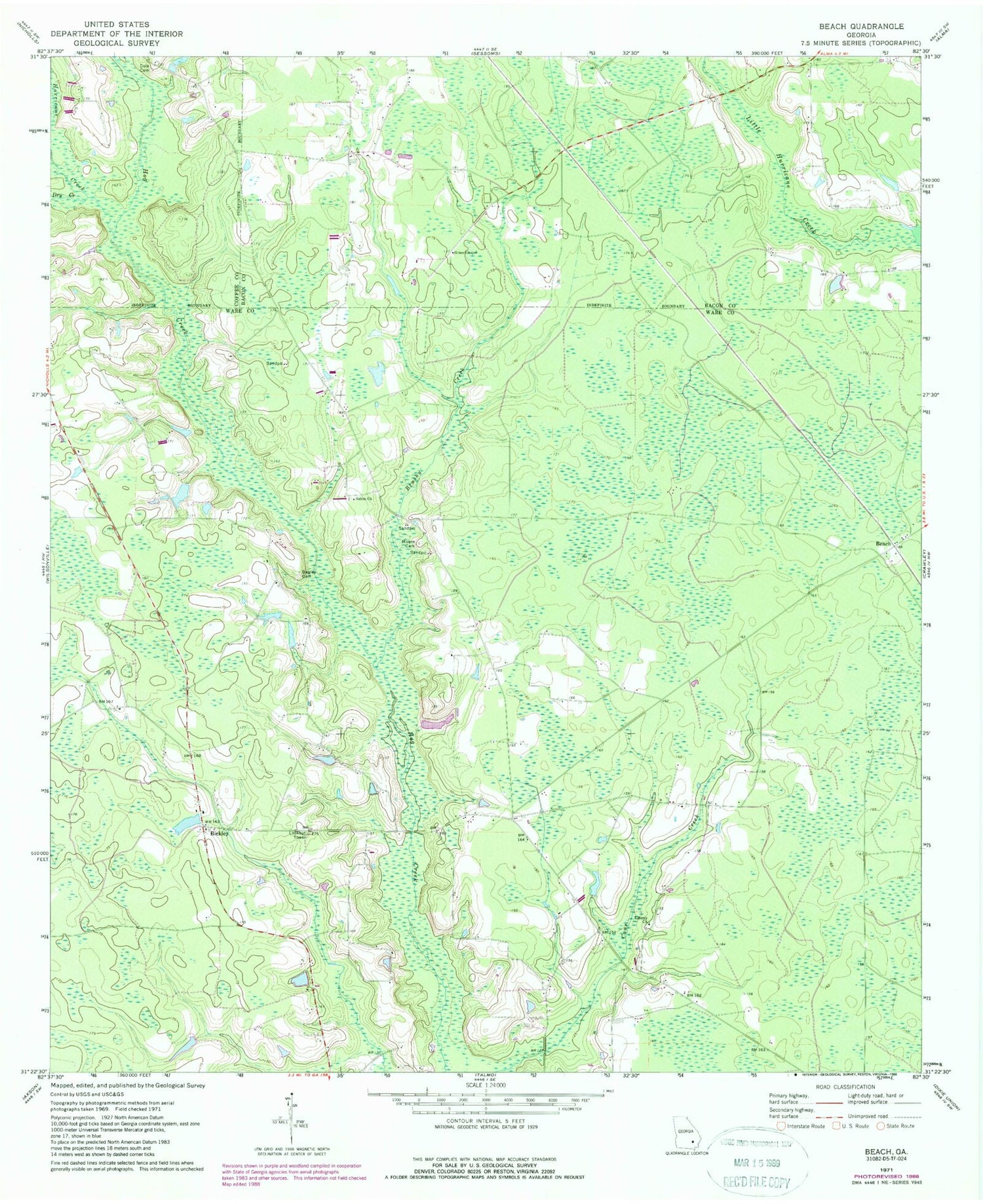 Classic USGS Beach Georgia 7.5'x7.5' Topo Map Image
