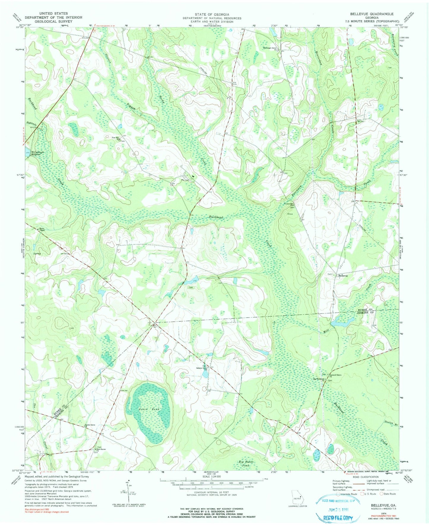 Classic USGS Bellevue Georgia 7.5'x7.5' Topo Map Image
