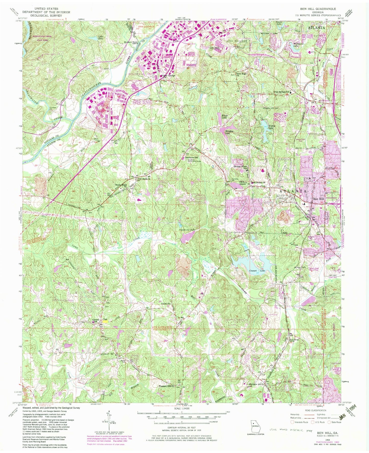 Classic USGS Ben Hill Georgia 7.5'x7.5' Topo Map Image