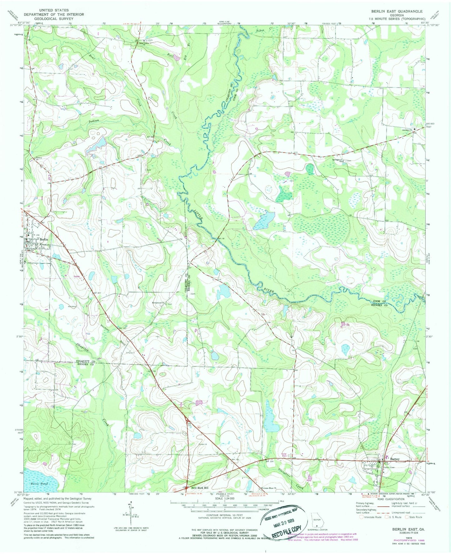 Classic USGS Berlin East Georgia 7.5'x7.5' Topo Map Image