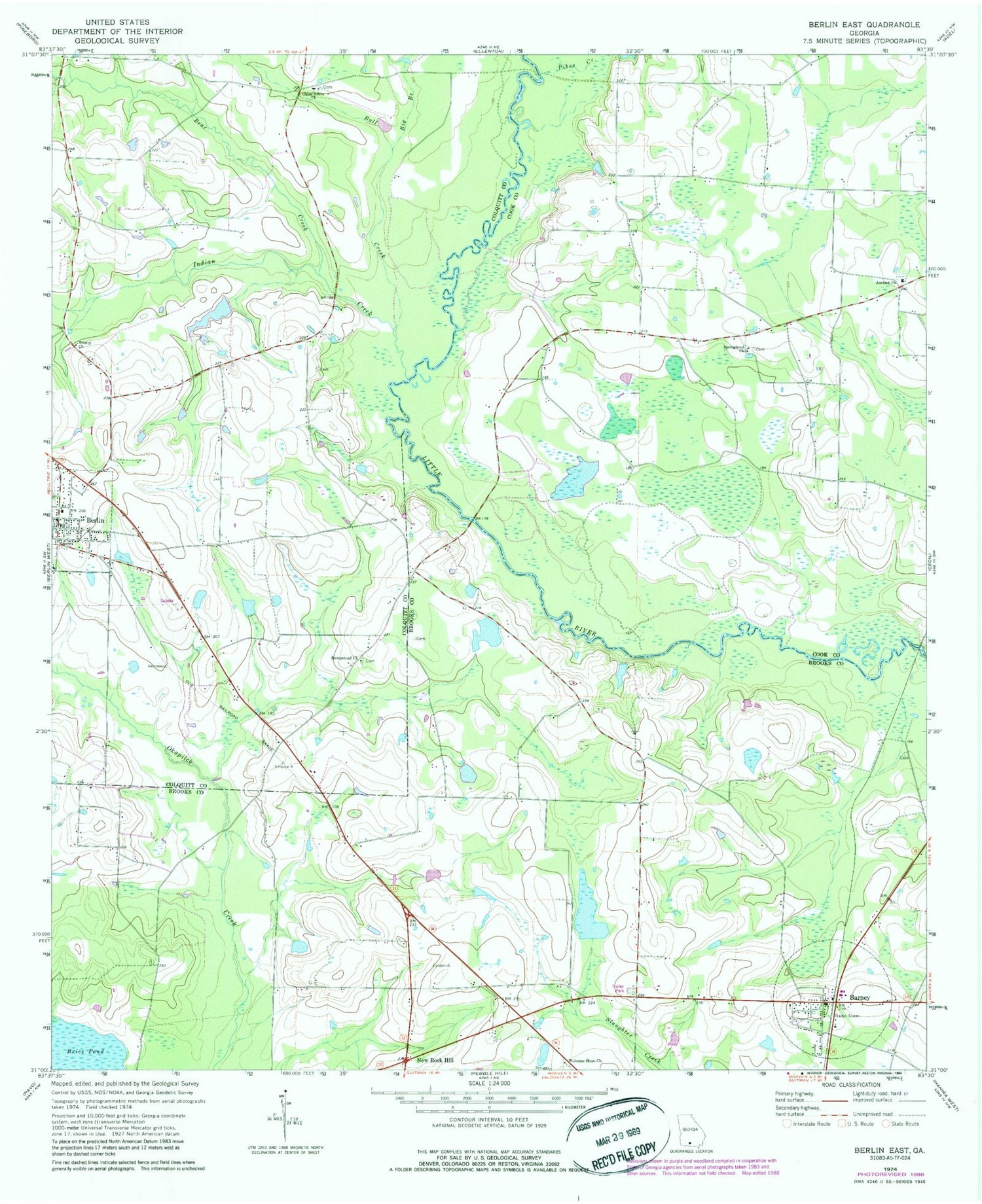 Classic USGS Berlin East Georgia 7.5'x7.5' Topo Map Image