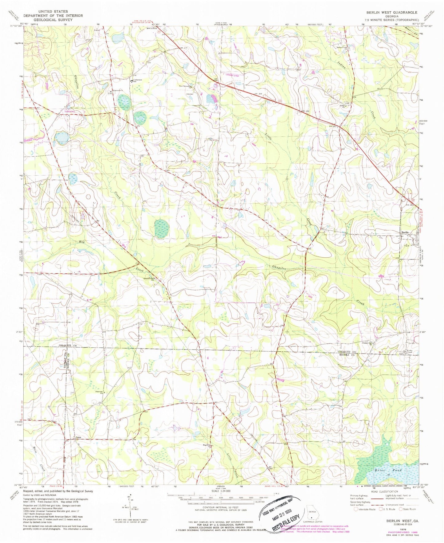 Classic USGS Berlin West Georgia 7.5'x7.5' Topo Map Image