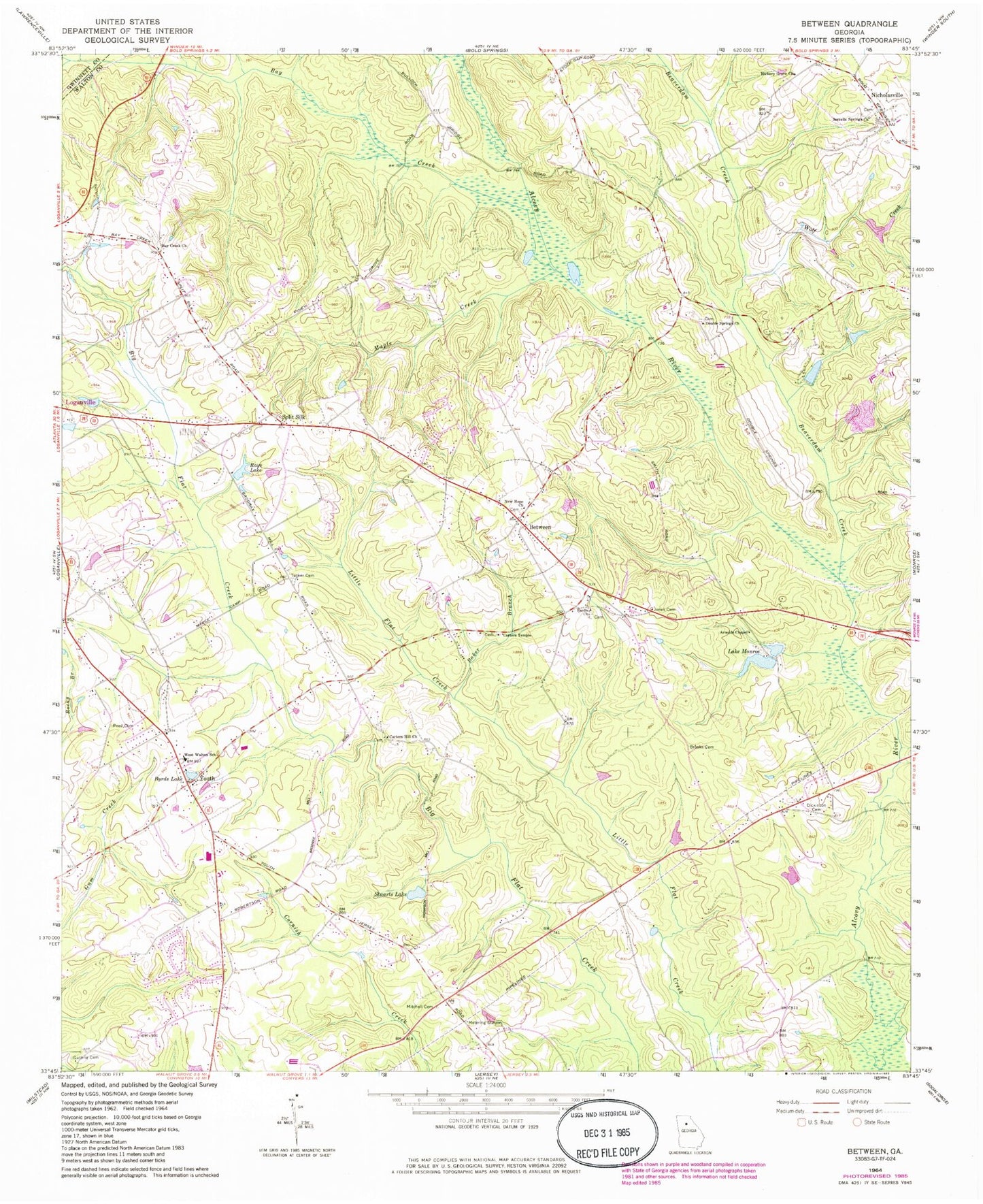 Classic USGS Between Georgia 7.5'x7.5' Topo Map Image