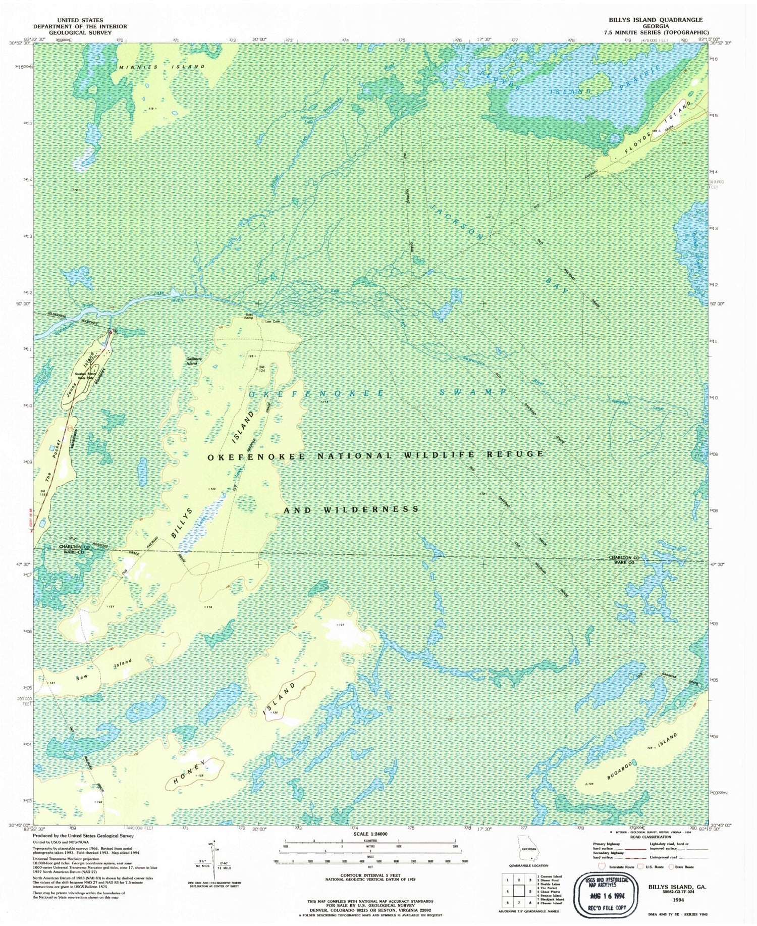 Classic USGS Billys Island Georgia 7.5'x7.5' Topo Map Image
