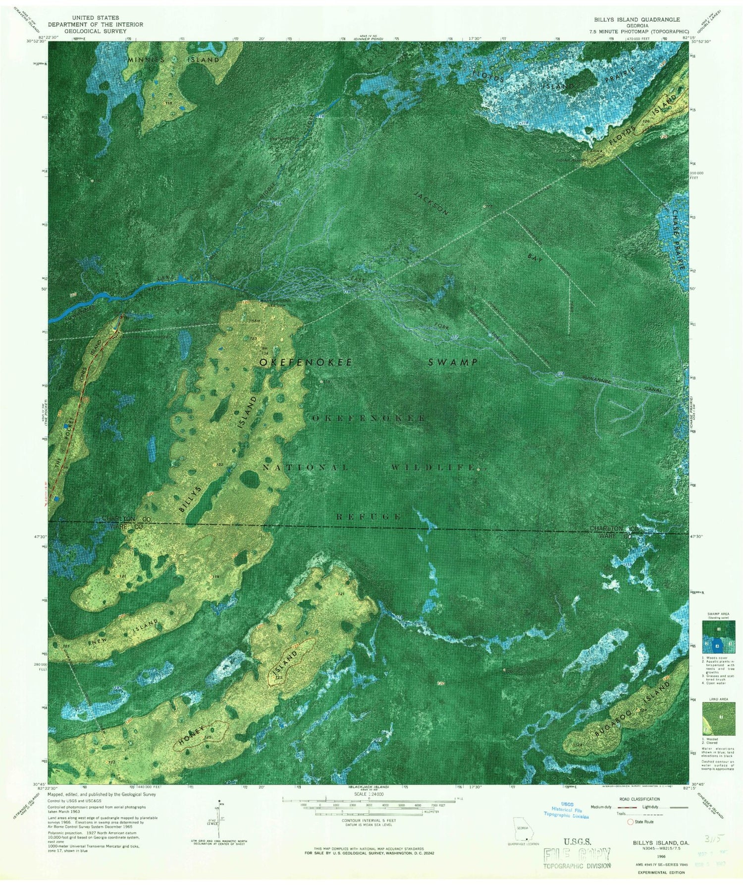 Classic USGS Billys Island Georgia 7.5'x7.5' Topo Map Image