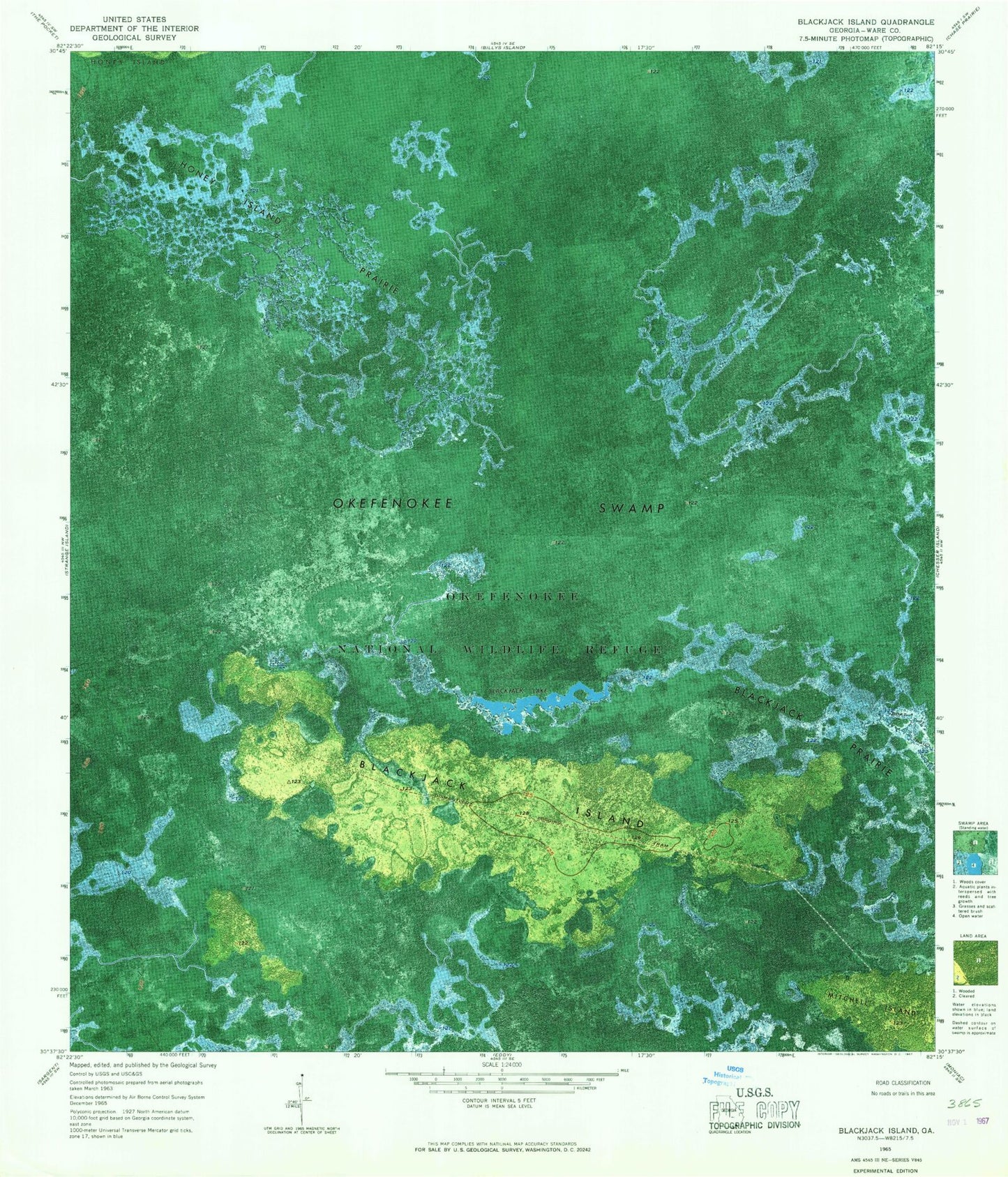 Classic USGS Blackjack Island Georgia 7.5'x7.5' Topo Map Image