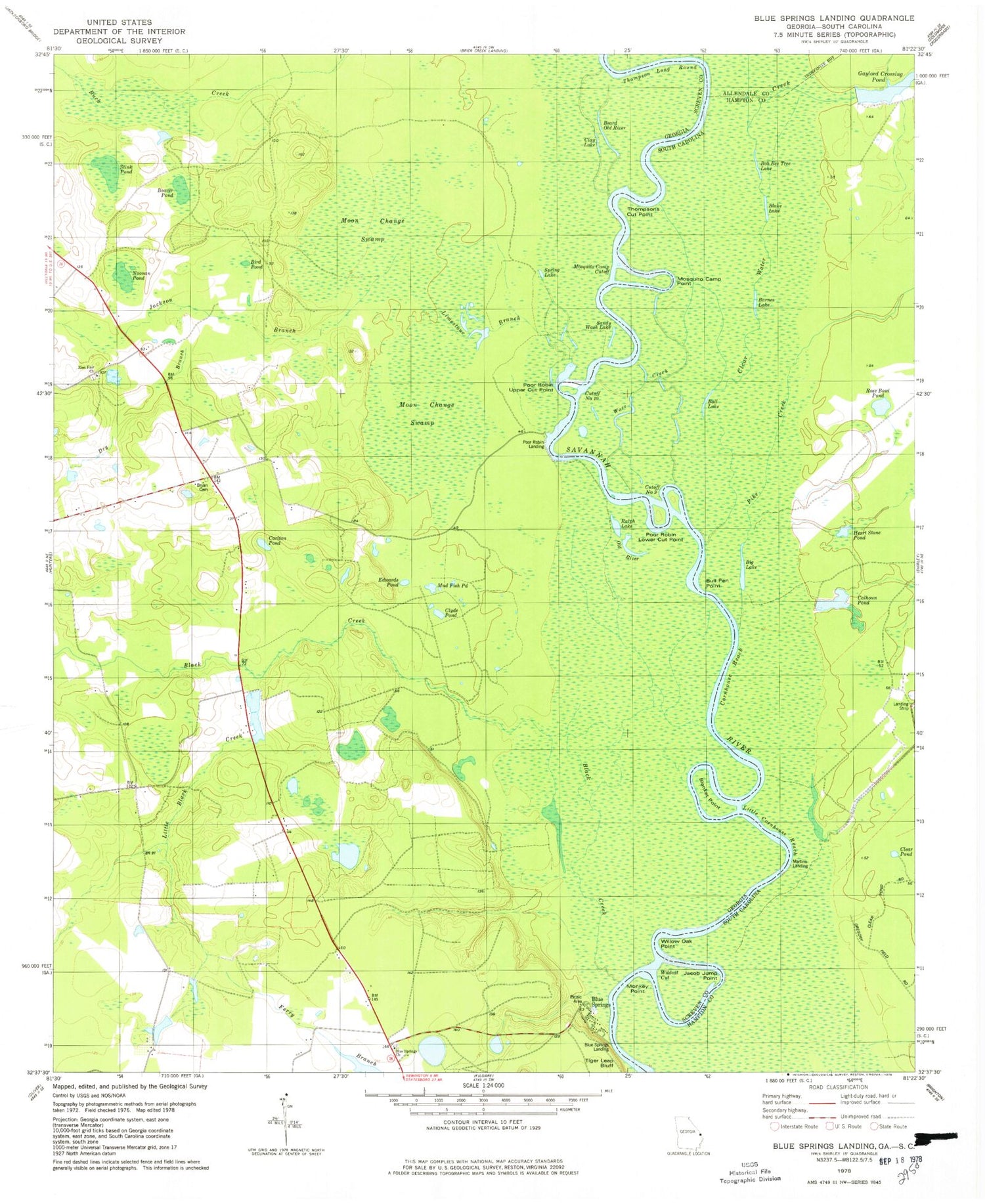 Classic USGS Blue Springs Landing Georgia 7.5'x7.5' Topo Map Image